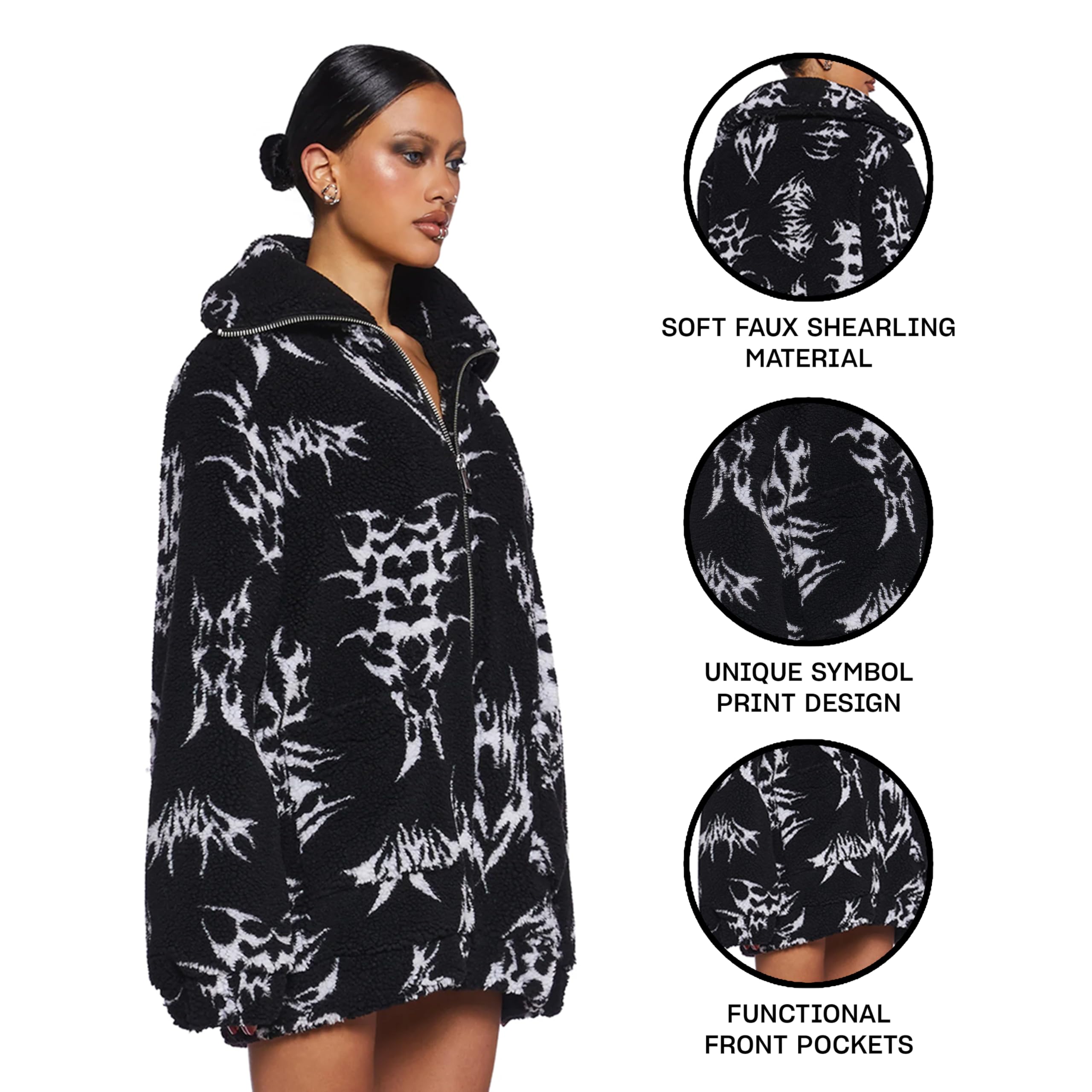 Dolls Kill Ciphered Up Sherpa Jacket by Club Exx - Oversized Symbol Print Faux Shearling Jacket - Black: Small Black