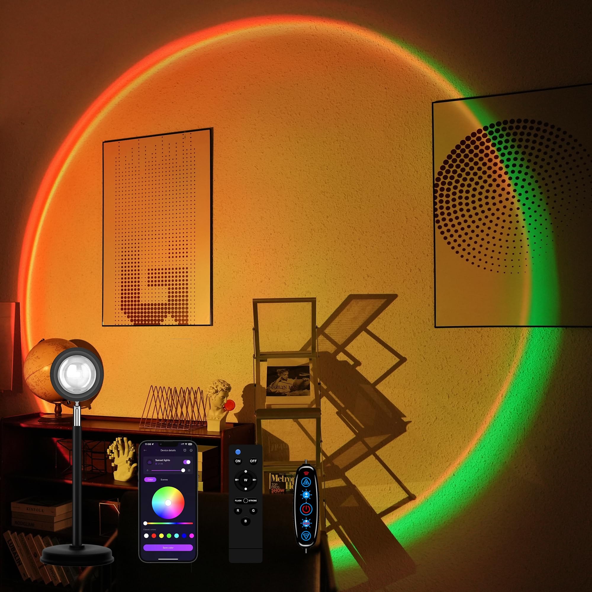 Tsrarey Sunset Lamp Projector with Remote Control, Multiple Colors LED APP Control Sunset Light Three Control Methods Night Light for Room Decor/Christmas Gifts/Photography/Party/Bedroom Decor: Remote&APP