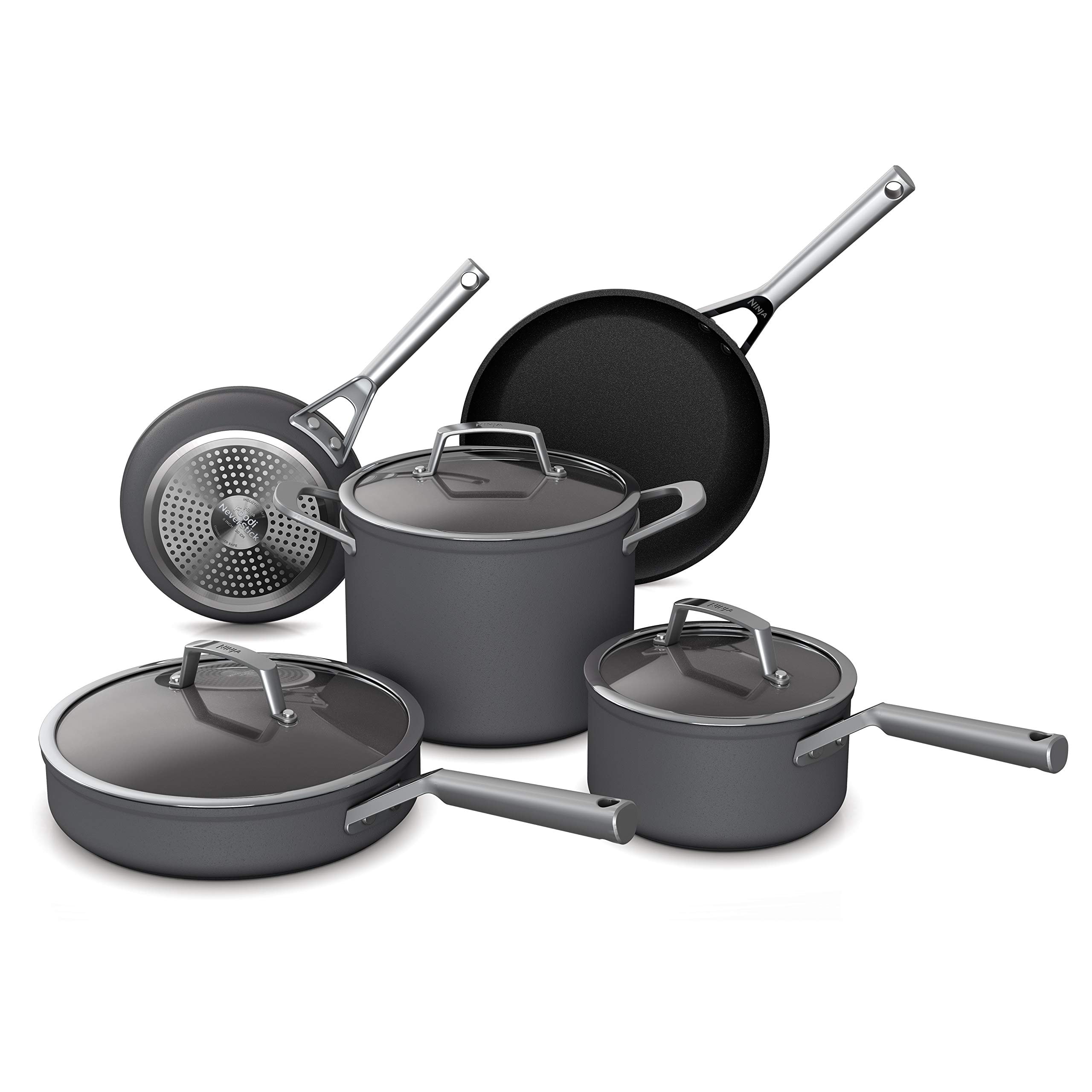 Ninja Cookware, Ninja NeverStick Professional, 16-Piece Pots and Pans Set, Non Stick Frying Pans, Kitchen Essentials, Stock Pot, Sauce Pan, Glass Lids, Saute Pan, All Stovetops, Black, C39900: 8pc set