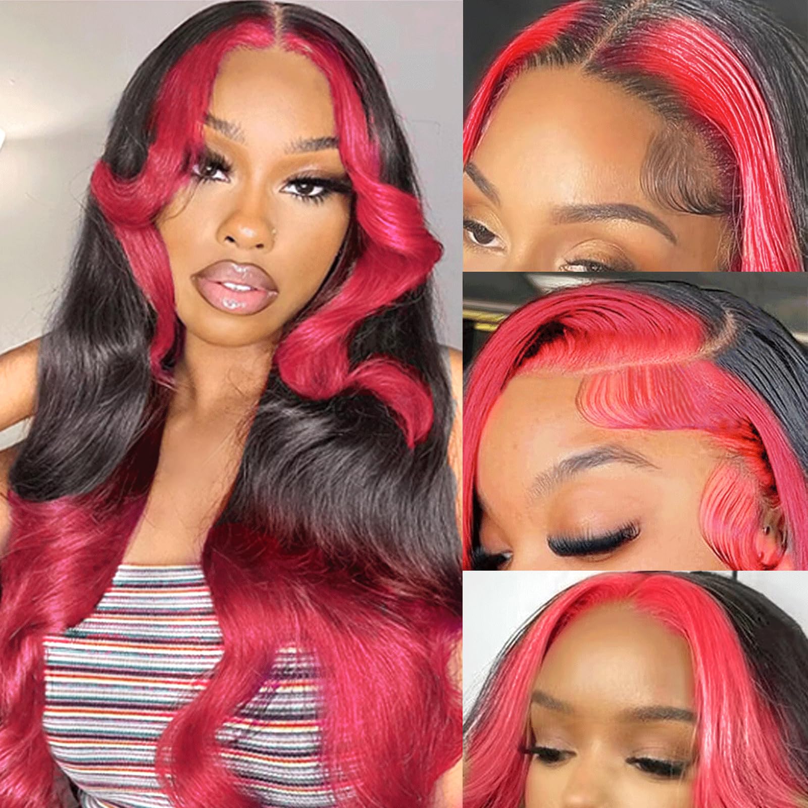 haha 13x6 Ombre Pink Lace Front Wig Human Hair Black and Hot Pink Highlight Wig Body Wave Hd Lace Frontal Wig Glueless Pre Plucked Bleached Knots Skunk Stripe 180% Density 20 Inch