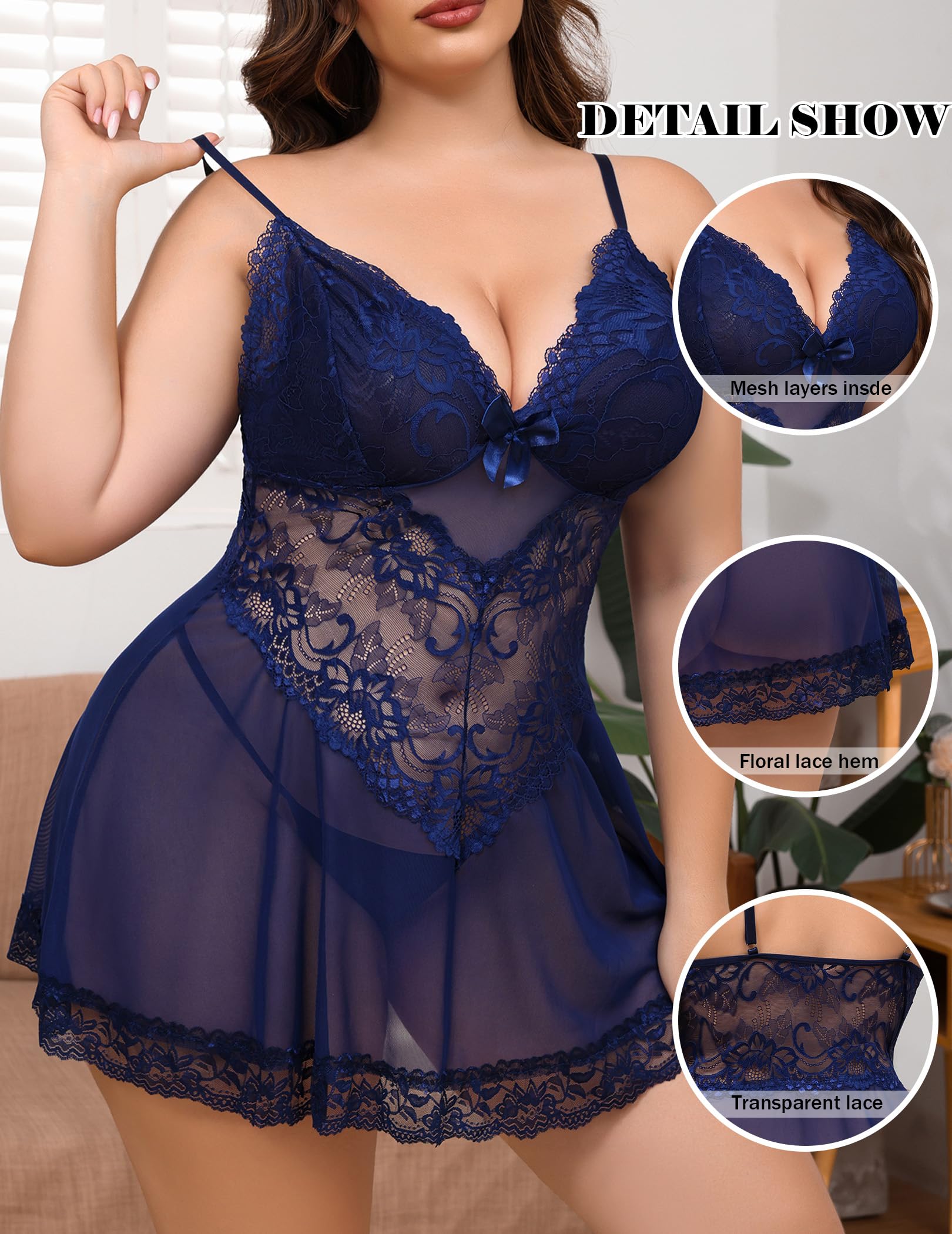 Alrovetoney Women Plus Size Babydoll Lingerie Lace Chemise Mesh Sleepwear Strappy Sexy Nightgown Boudoir Outfit L-4XL: Blue Large