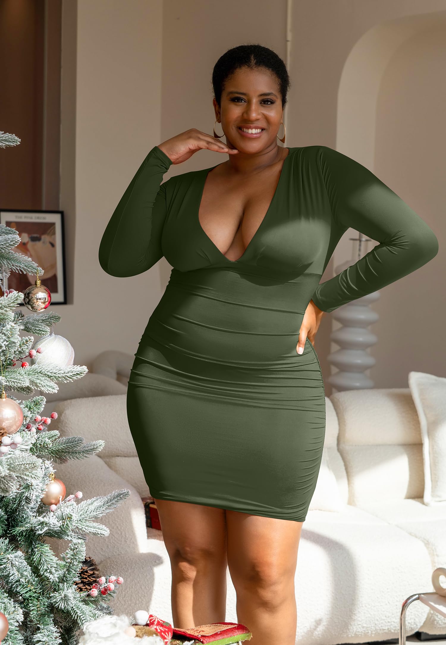 GOBLES Women's Sexy Long Sleeve V Neck Ruched Bodycon Mini Party Cocktail Dress: X-Large Light Olive