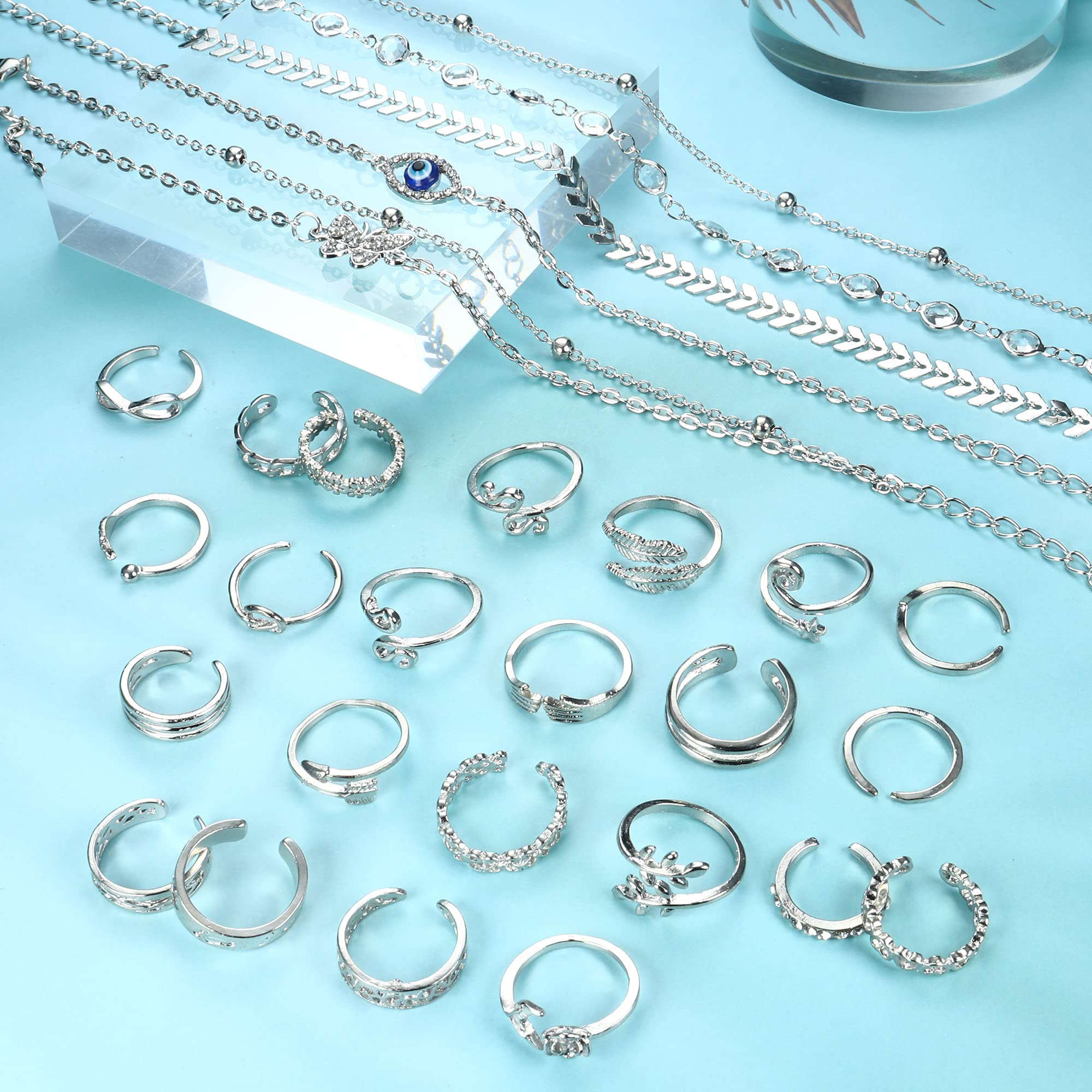 Sanfenly Anklets and Toe Ring Set for Women Silver Anklet Bracelets Open Adjustable Toe Ring Flower Wave Heart Tail Pinky Band Rings Summer Beach Foot Jewelry: Toe Rings+ Anklets