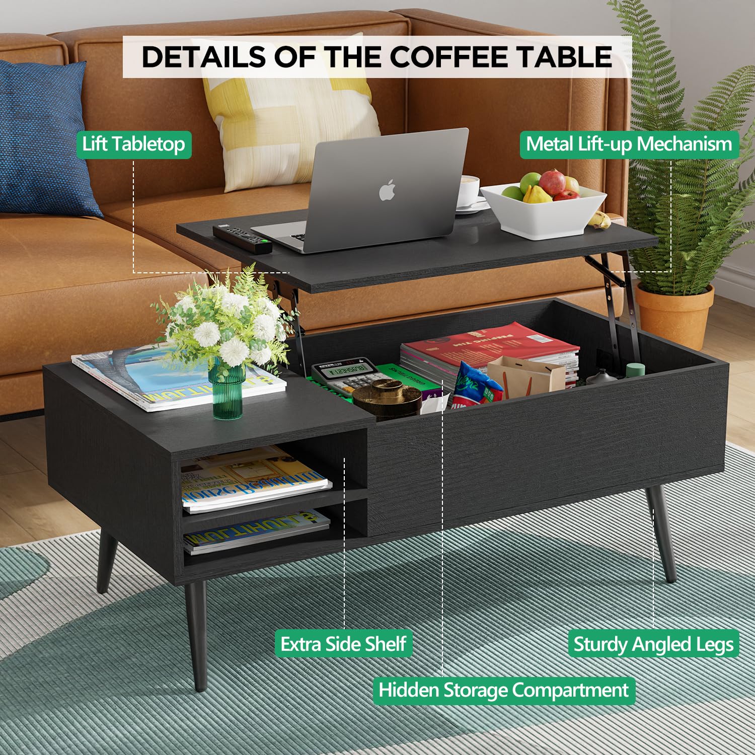 PayLessHere Lift Top Coffee Table with Adjustable Storage and Hidden Compartment Small Wood Coffee Table Center Table for Home Living Room Office Apartment Reception Room,: Black