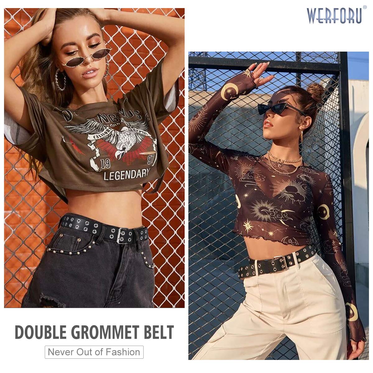 WERFORU Double Grommet Belt PU Leather Punk Belt for Women Men Jeans 2 Hole Belts 1.5 Wide: WERFORU Double Grommet Belt PU Leather Punk Belt for Women Men Jeans 2 Hole Belts 1.5 Wide