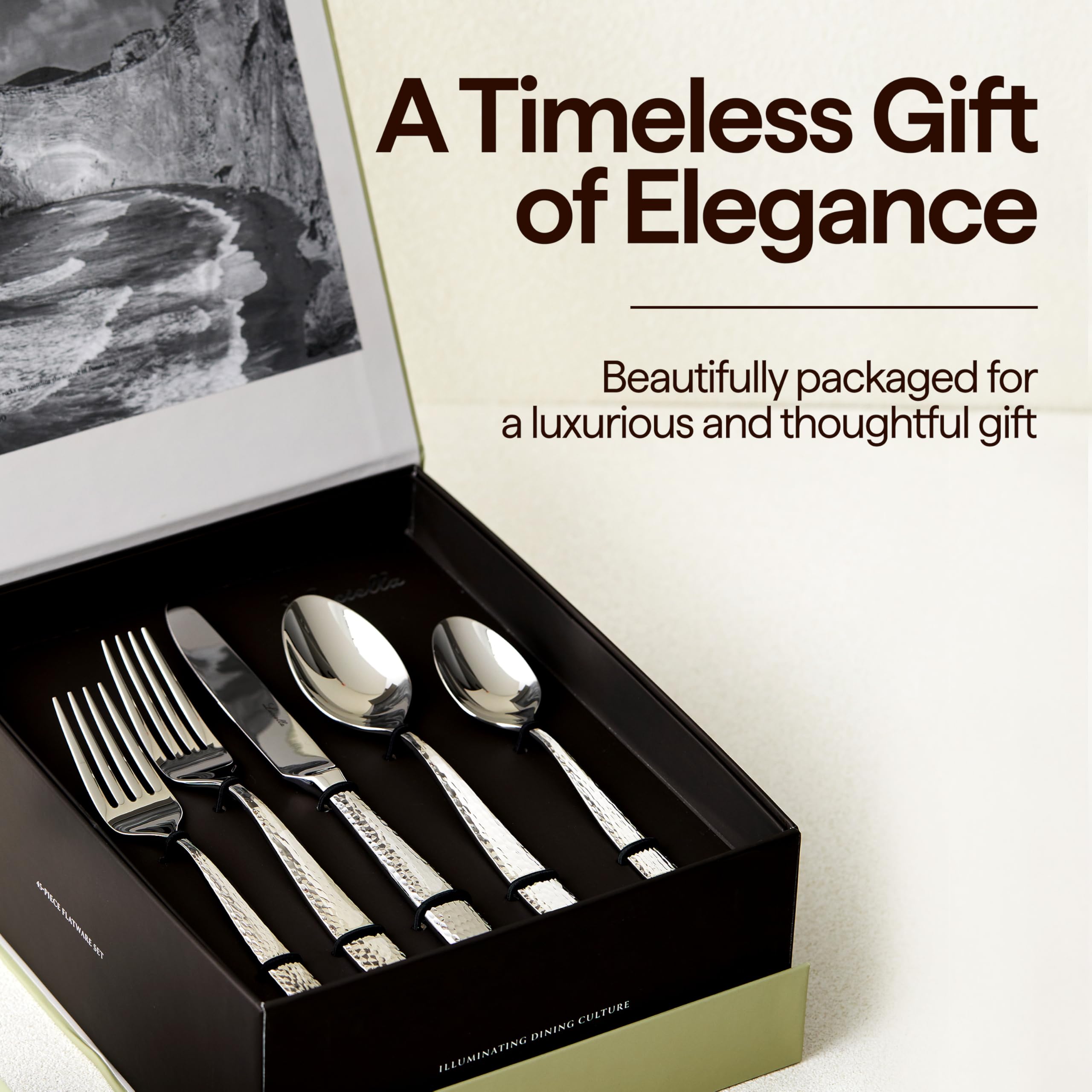 Luciella Ponza Flatware Set for 12, 65-Piece Stainless Steel Silverware Set with Serving Utensils, Timeless Hammered Design, Rust-Resistant, Mirror Polished & Dishwasher Safe