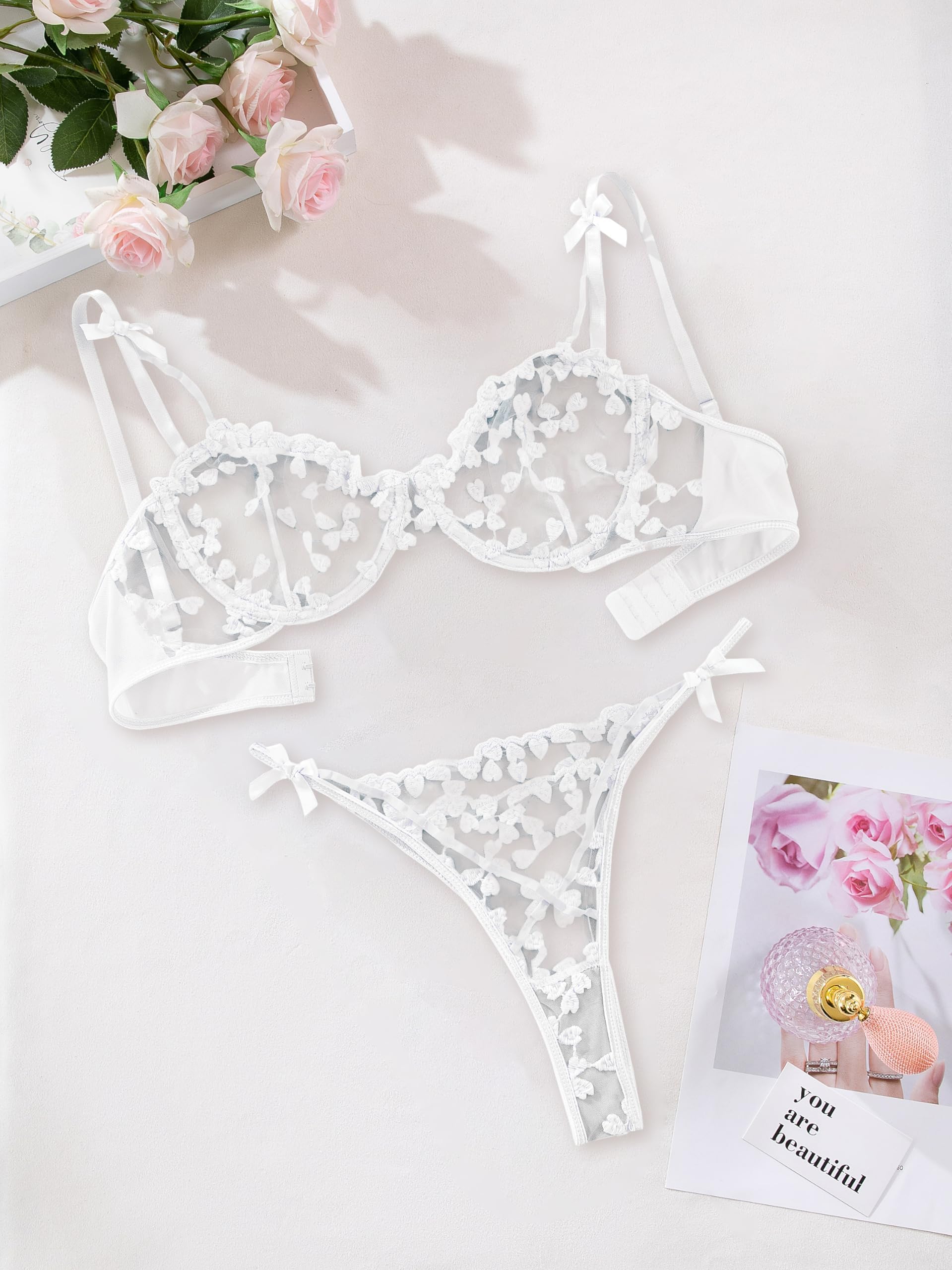 Lilosy Sexy Underwire Cute Push Up Strappy Embroidered Mesh Sheer Lingerie Set See Through Panty Bra