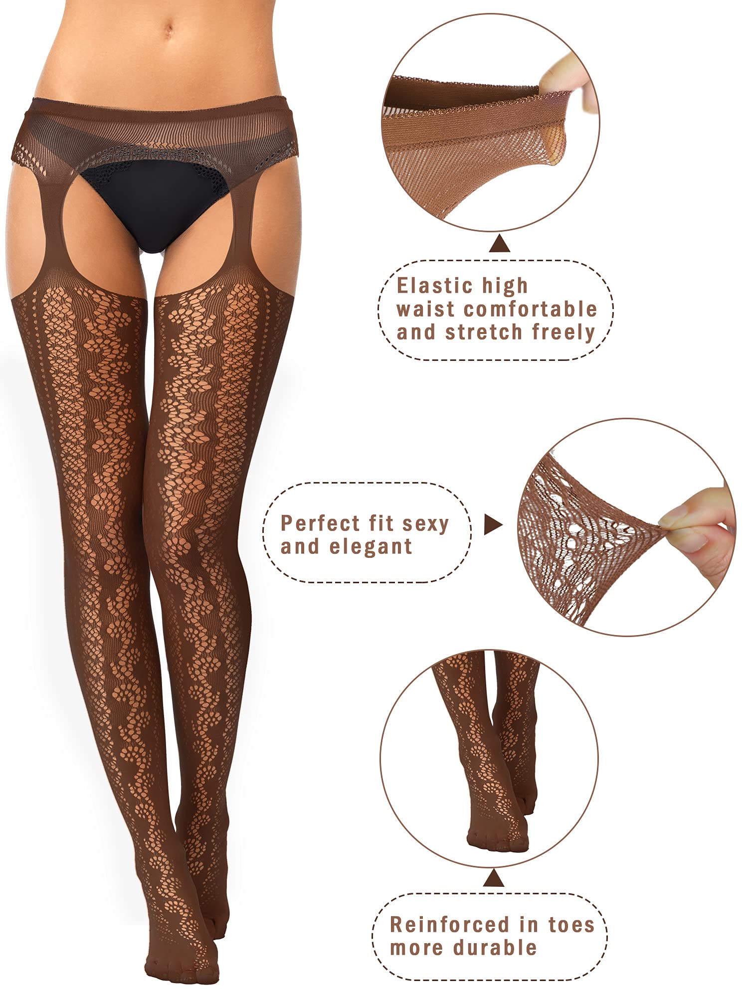 6 Pairs Women Fishnet Thigh High Stockings Garter Belts and Suspender Pantyhose Stockings for Halloween: X-Large-XX-Large Classic, White, Grey, Wine Red, Coffee, Navy Blue, Black