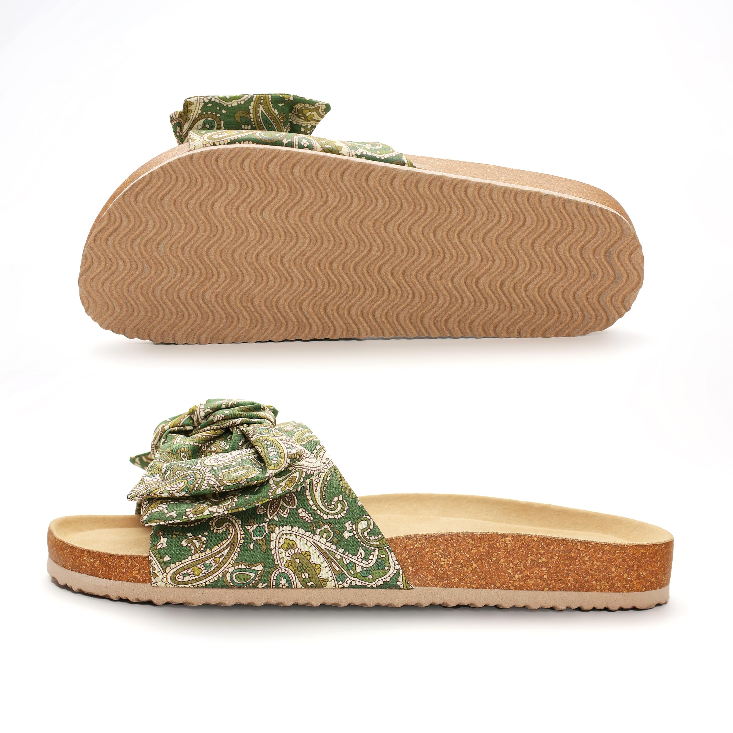 PepStep Slide Sandals for Women or Ladies Dressy Summer Casual, Cute Bow Tie Knot On Top Strap, Comfy Slip On Cork Foot Bed: 8 Green Boho