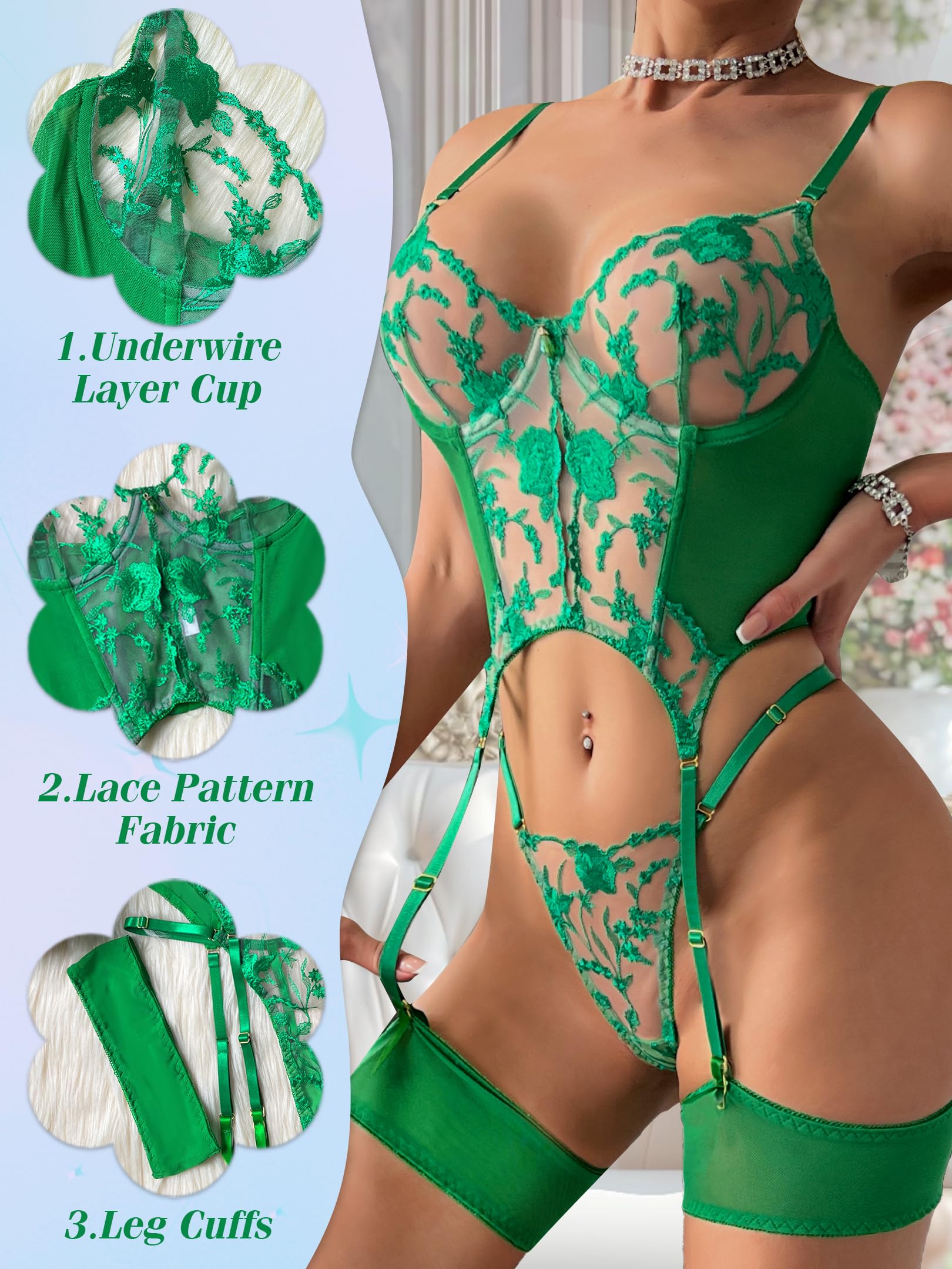 Sexy Lingerie Sets for Women Classy,Lace Womens Corset Teddy Lingerie 3 Piece with Garter Belt: Green Medium