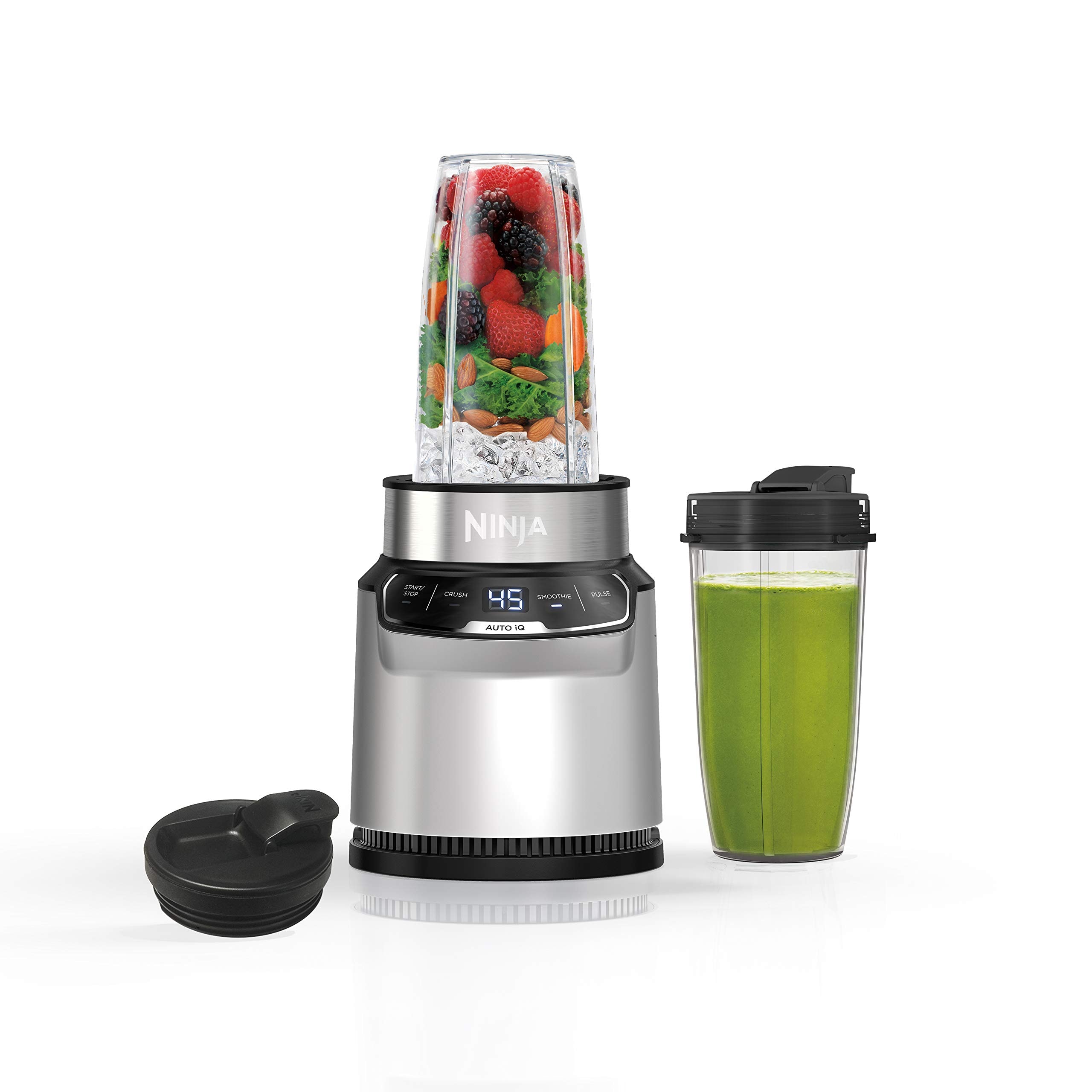 Ninja BN301 Nutri-Blender Plus Compact Personal Blender, 900-Peak-Watt Motor, Frozen Drinks, Smoothies, Sauces & More, (3) 20 oz. To-Go Cups, (2) Spout-Lids (1) Storage-Lid, Dishwasher Safe, Silver: Auto Blend