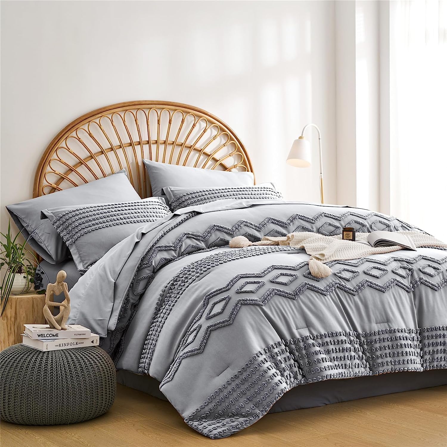 Sage Green Tufted Comforter Set Queen Size 7 Piece Bed in a Bag, Shabby Chic Boho Comforter and Sheet Set, Pom Pom Textured Bed Set, All Season Soft Microfiber Complete Bedding Set(Green,Queen)