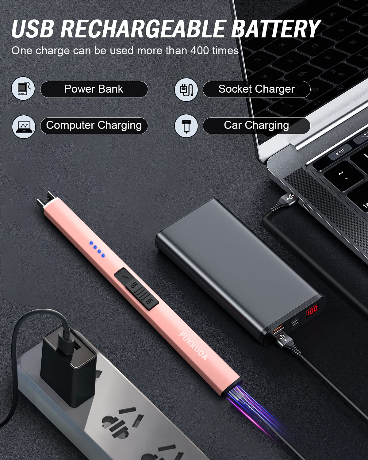 FUKKUDA Electric Candle Lighter with Safety Switch - USB Rechargeable Windproof & Flameless Plasma Arc Lighter for Easter Basket Stuffers (Obsidian Black) thumbnail 5
