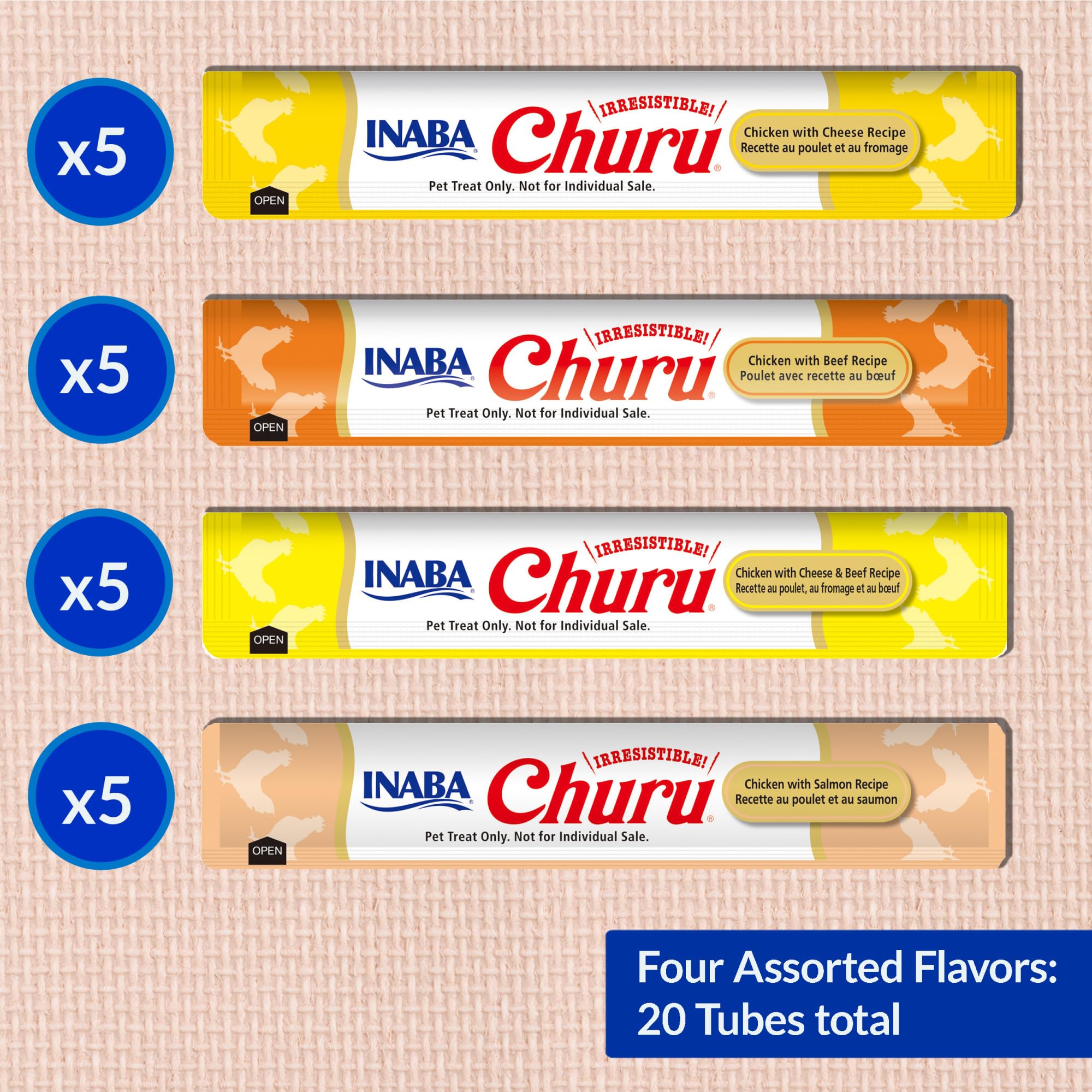 INABA Churu Cat Treats, Grain-Free, Lickable, Squeezable Creamy Purée Cat Treat/Topper with Vitamin E & Taurine, 0.5 Ounces Each Tube, 50 Tubes, Tuna & Chicken Variety: Chicken &amp; Beef Variety 0.5 Ounce (Pack of 20)