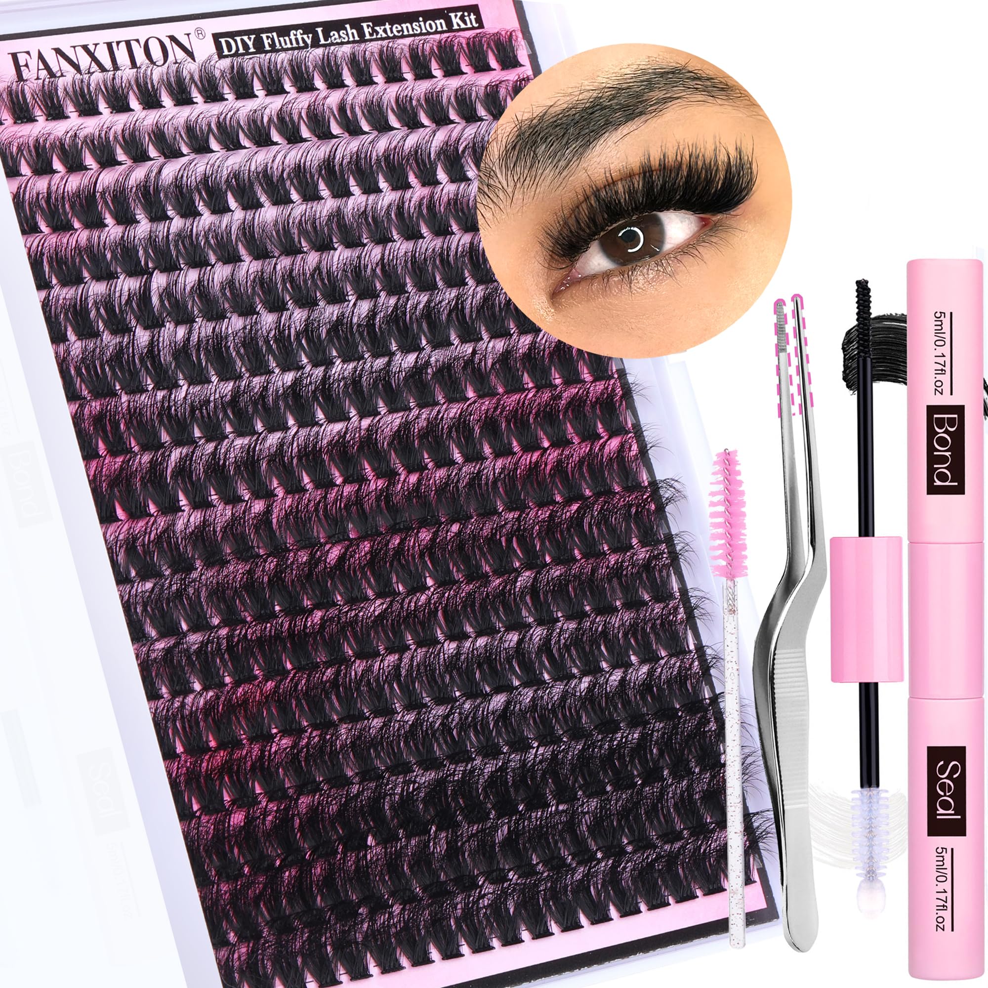 FANXITON DIY Lash Extension Kit Volume Lash Clusters 40D+50D D Curvature Individual Lashes Lash Clusters Kit Thick Eyelash Extension Kit 280 pcs Thin Band Cluster Lashes Lash Bond and Seal Tweezers: (HZ 01)DIY Lash Extension Kit-288pcs