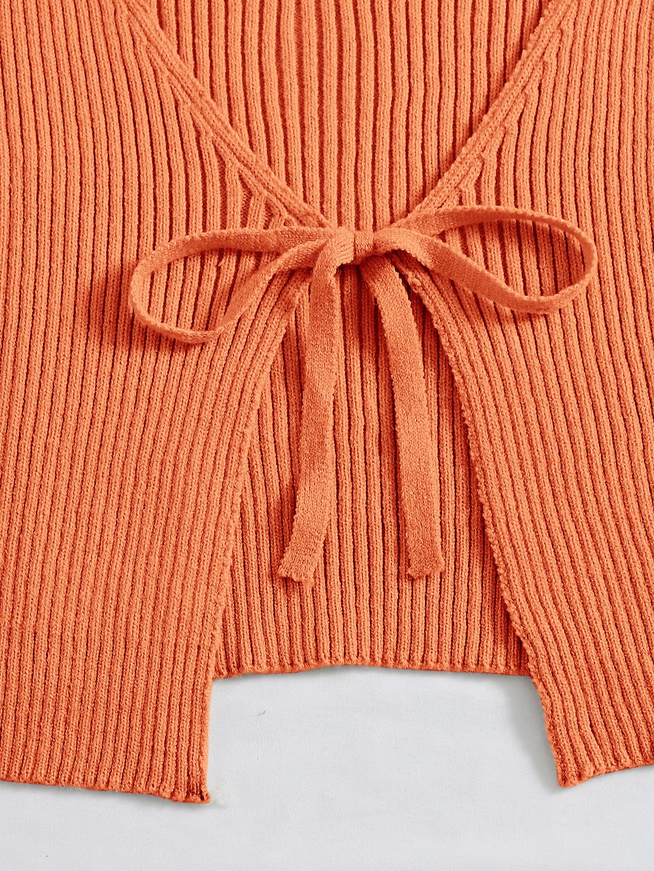 Floerns Women's Tie Front Long Sleeve Rib Knit Shrug Sweaters Cardigan Crop Top
