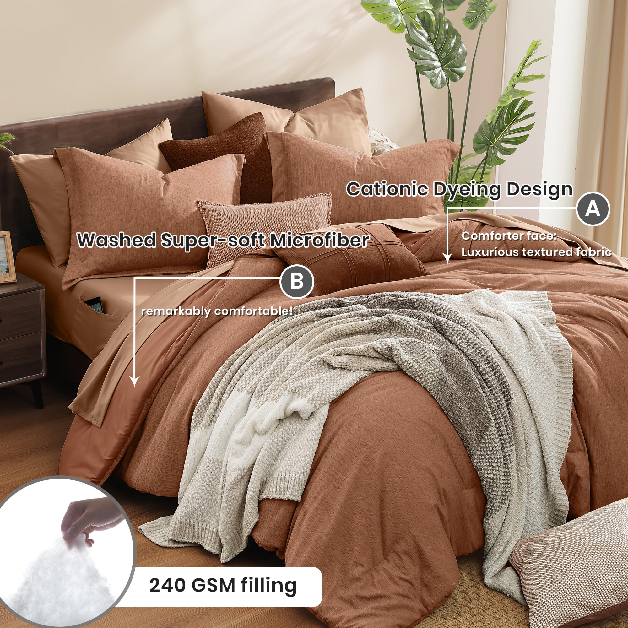 Monbix Queen Comforter Set - 7 Pieces Cationic Dyeing Olive Green Bed in a Bag Queen Bedding Sets with Comforter, Sheets, Pillowcases & Shams, Reversible Bedding Comforters Sets