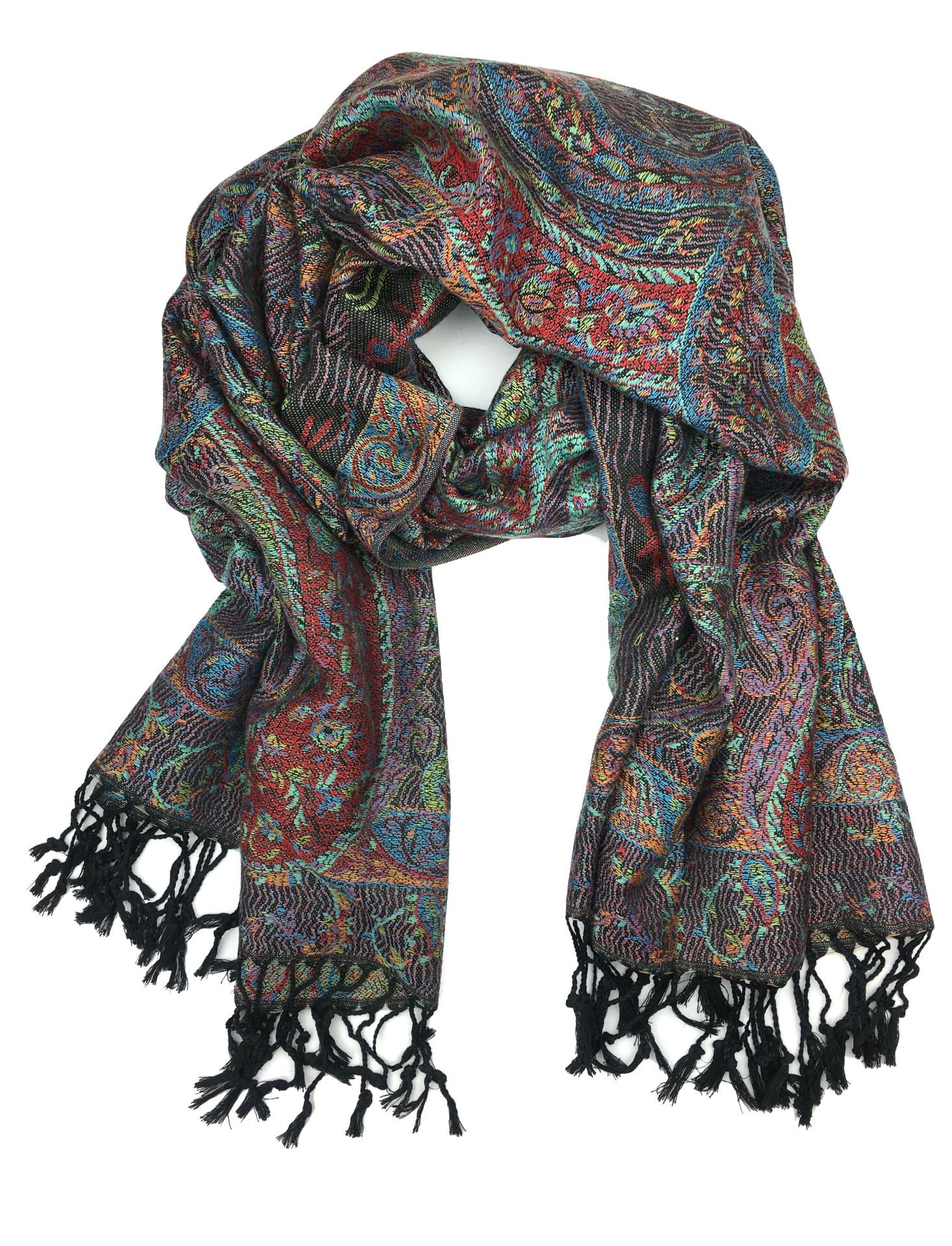 Plum Feathers Tapestry Ethnic Paisley Pattern Pashmina Shawl Scarf, Womens Pashmina Shawl Wrap with Fringes: Black Multi Tapestry