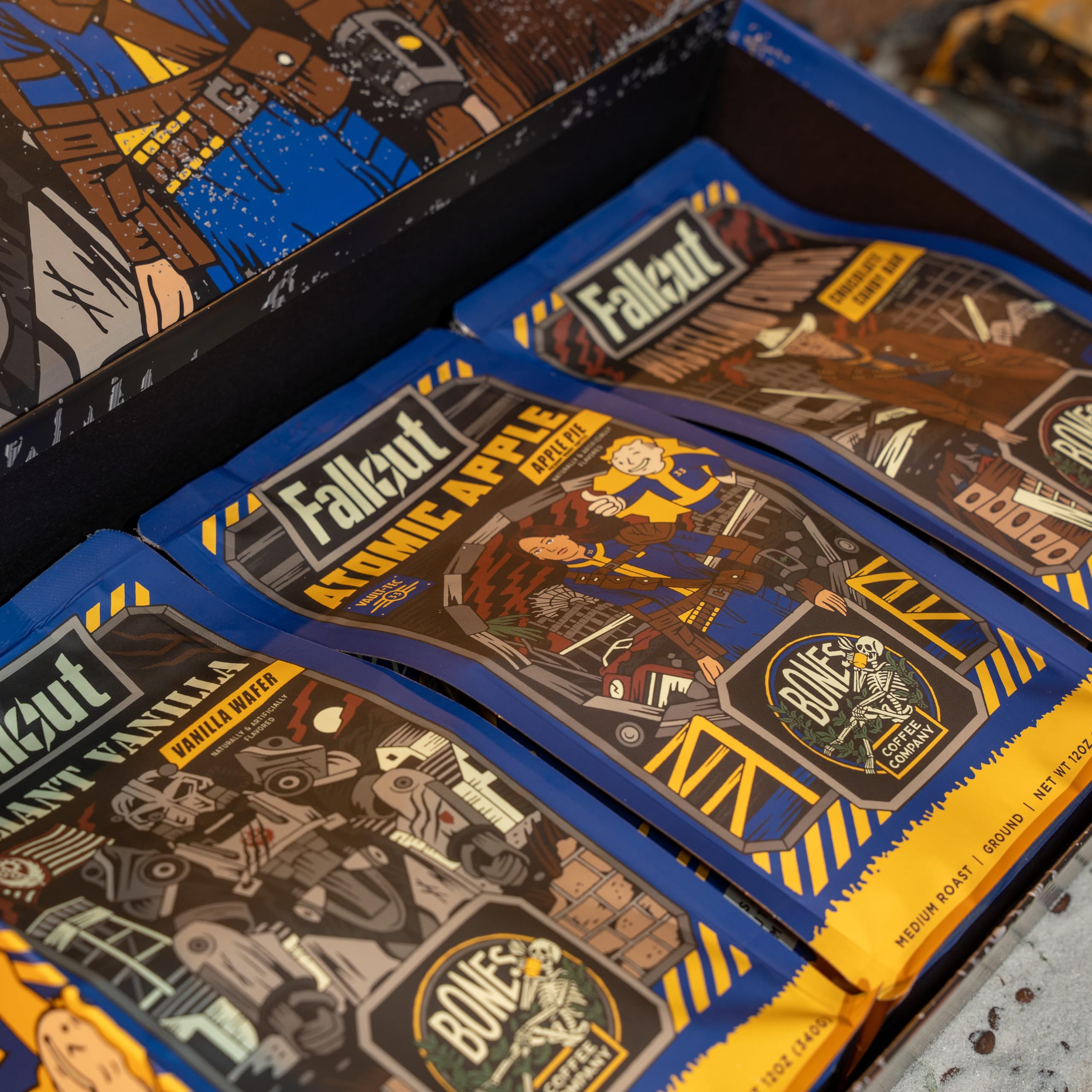 Bones Coffee Company Fallout Collector's Box Sample Pack Gift Set, Flavored Coffee Beans, Medium Roast Ground Coffee Low Acid, Apple Pie Flavor (12 oz Pack of 3): 12 Ounce (Pack of 3) Fallout Collector's Box (Ground)