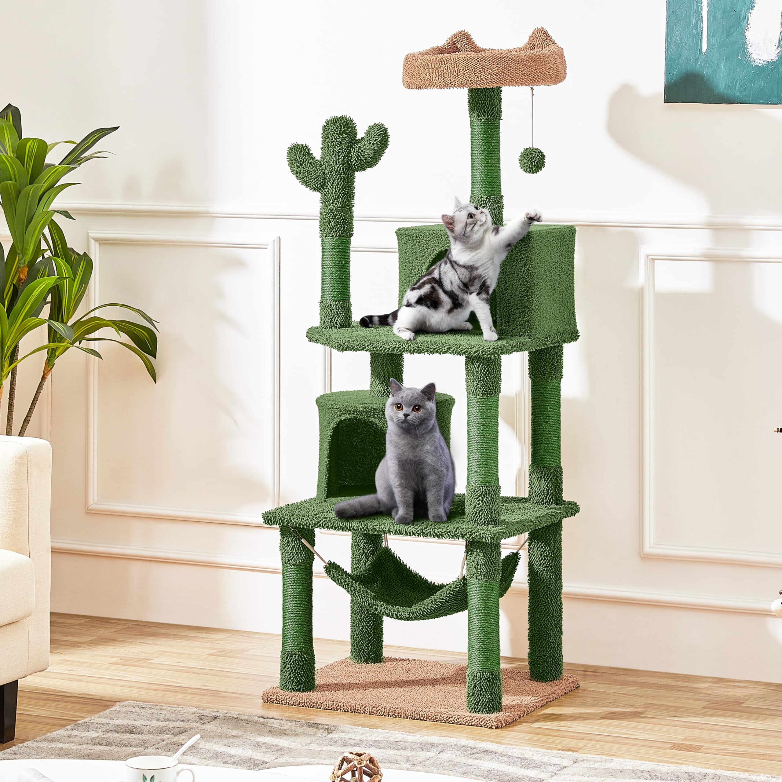 Yaheetech Cactus Cat Tree for Indoor Cats, 62in Cat Tower with Scratching Posts, Hammock & Dangling Ball, Multi-Level Condo Activity Center Furniture thumbnail 2