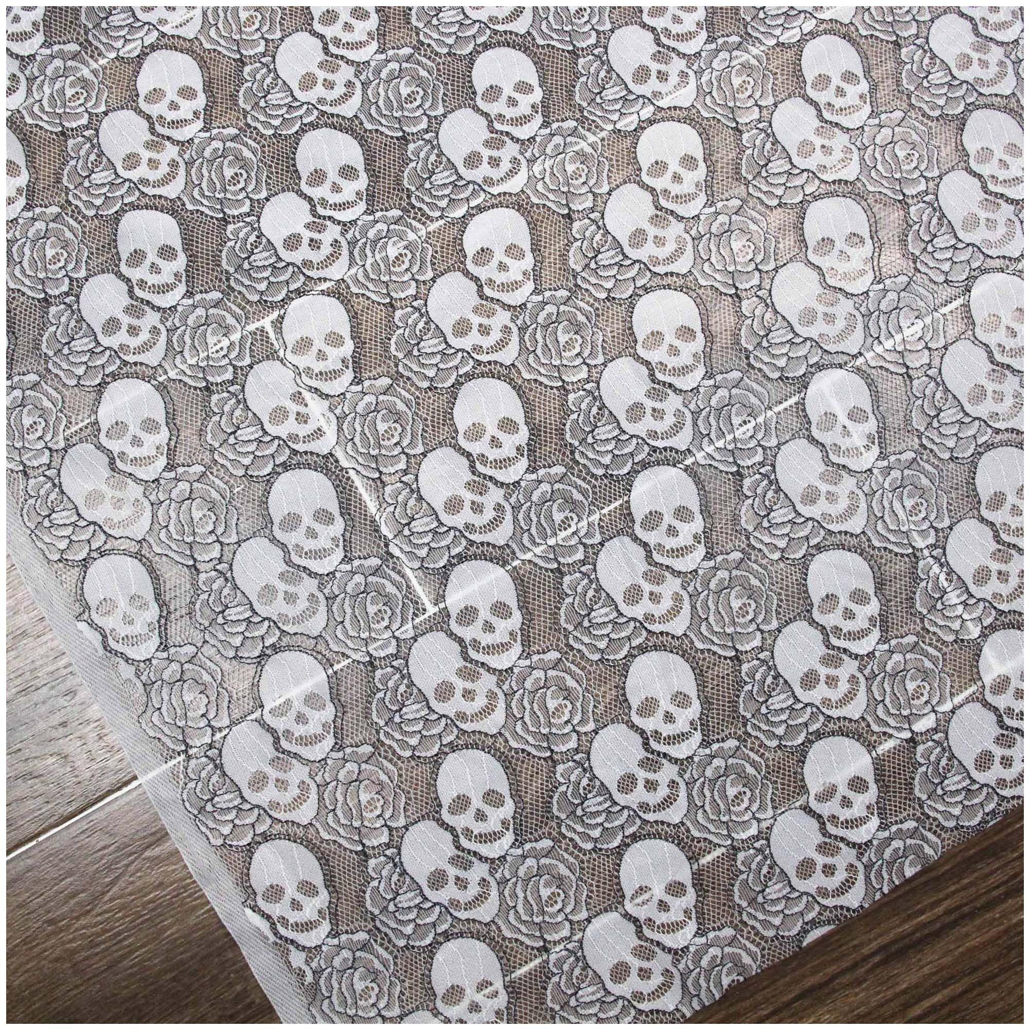60 * 144 inches Lace Fabric, 4 Yard Black Skull Pettern Lace Fabric, 4 yd Non-Stretchy Lace, Soft Rose Design Lace Material for Home Decoration, Sewing Fabric Design (60x144 inch Black)
