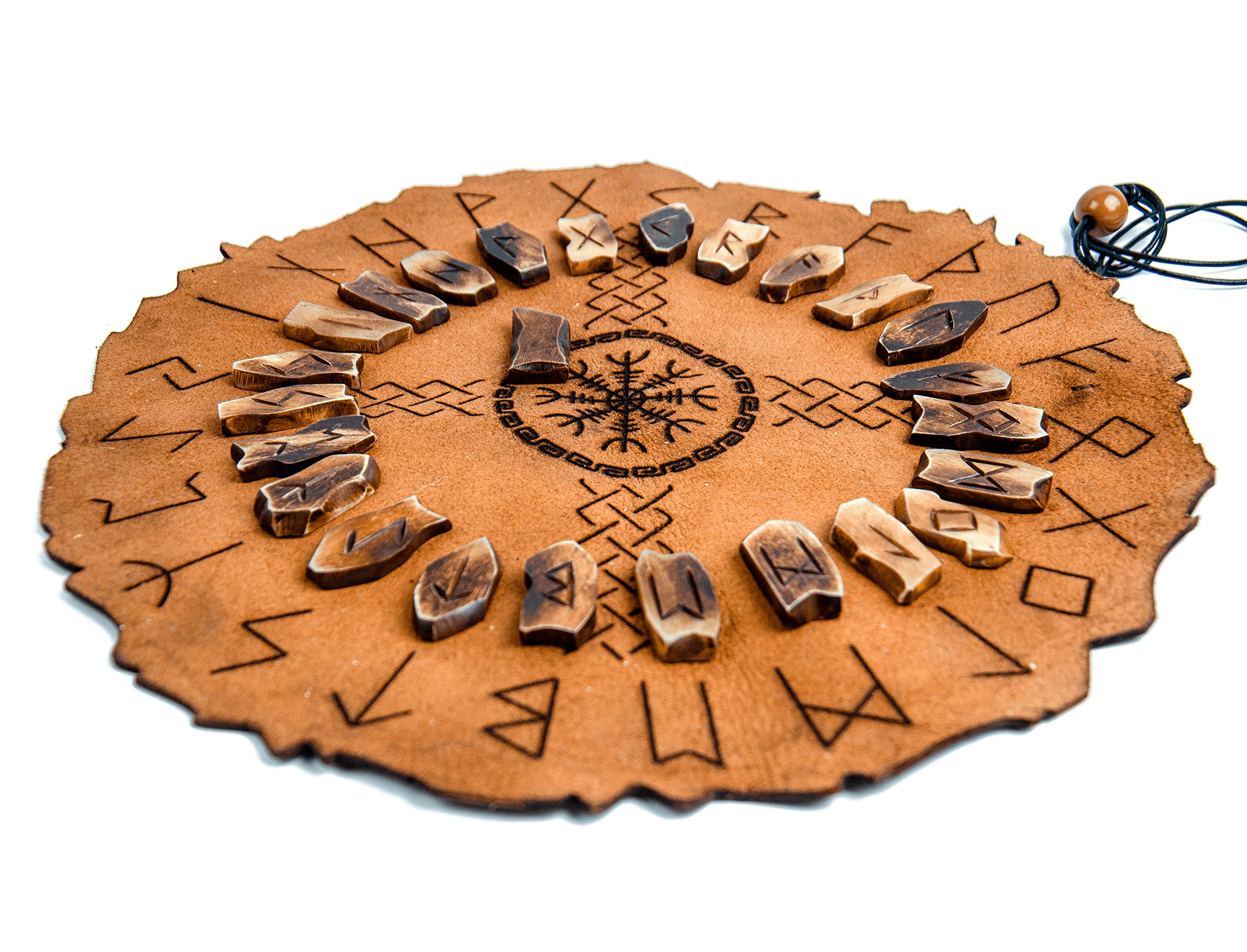 NORSE EMPIRE Viking Rune Set Includes a Premium Leather Divination Mat with Instruction Booklet & Handmade Authentic Ox Bone Elder Futhark runestone Pieces Gift for Men and Women…