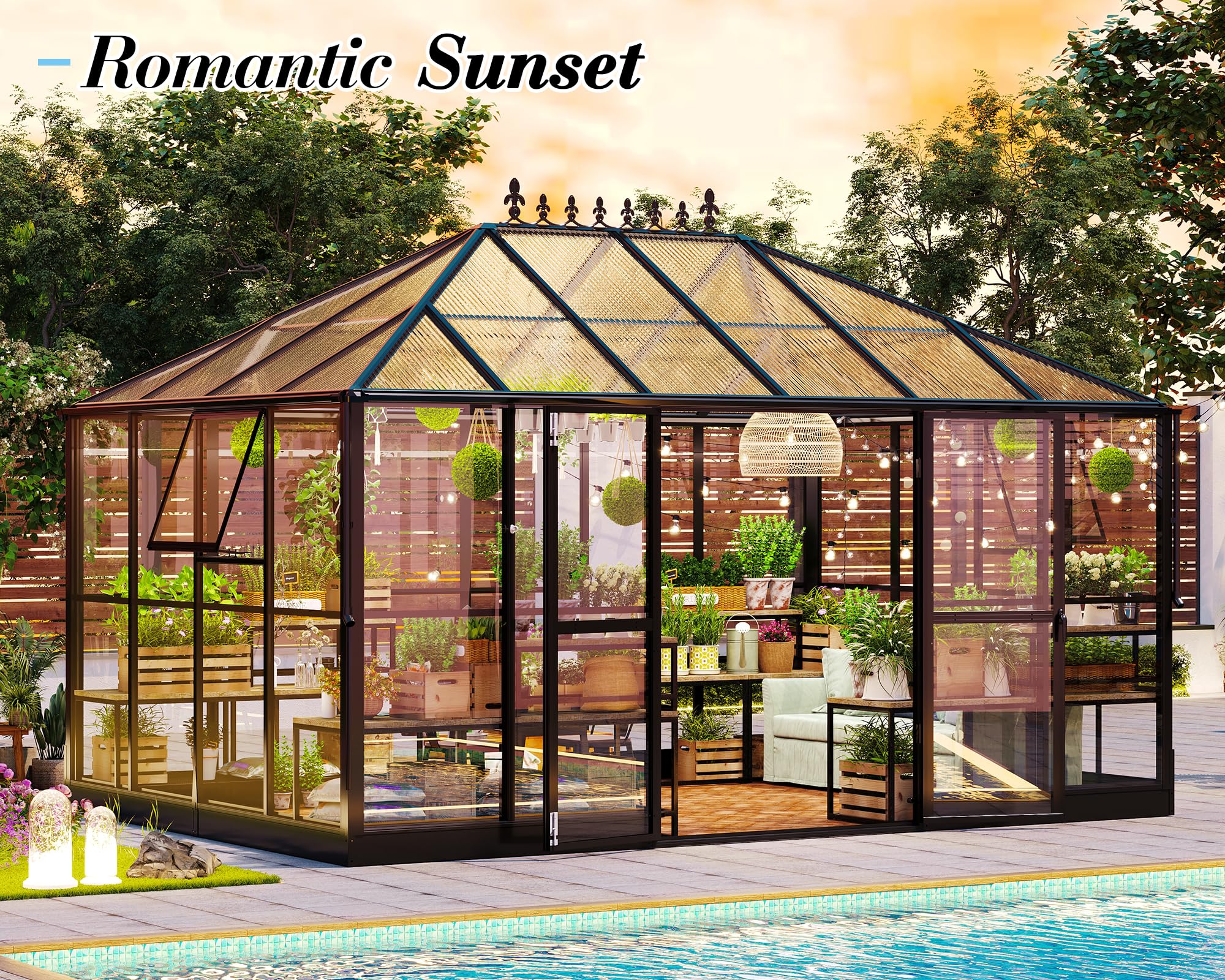 Jocisland 16x12x9.5 FT Polycarbonate Greenhouse- 6 FT Wall Height Outdoor Aluminum Greenhouses with 2 Ventilation and Rain Gutter, Double Doors with Hook, Walk-in Greenhouse for Backyard Garden: Unbroken Clear PC Panels+6mm PC Panels 14x9.5x9 FT