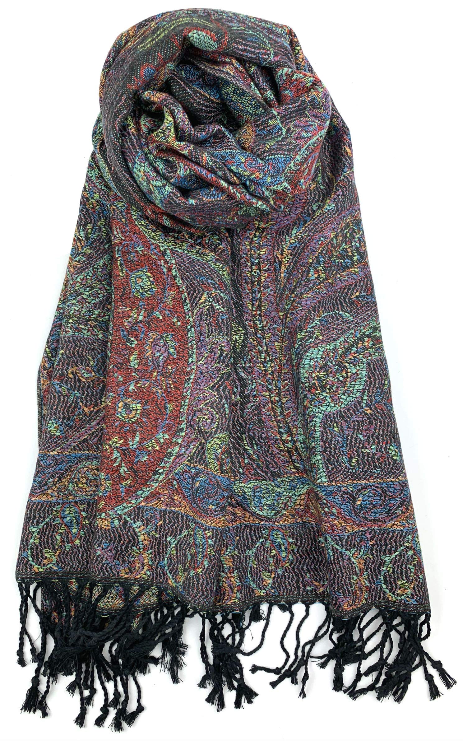 Plum Feathers Tapestry Ethnic Paisley Pattern Pashmina Shawl Scarf, Womens Pashmina Shawl Wrap with Fringes: Black Multi Tapestry