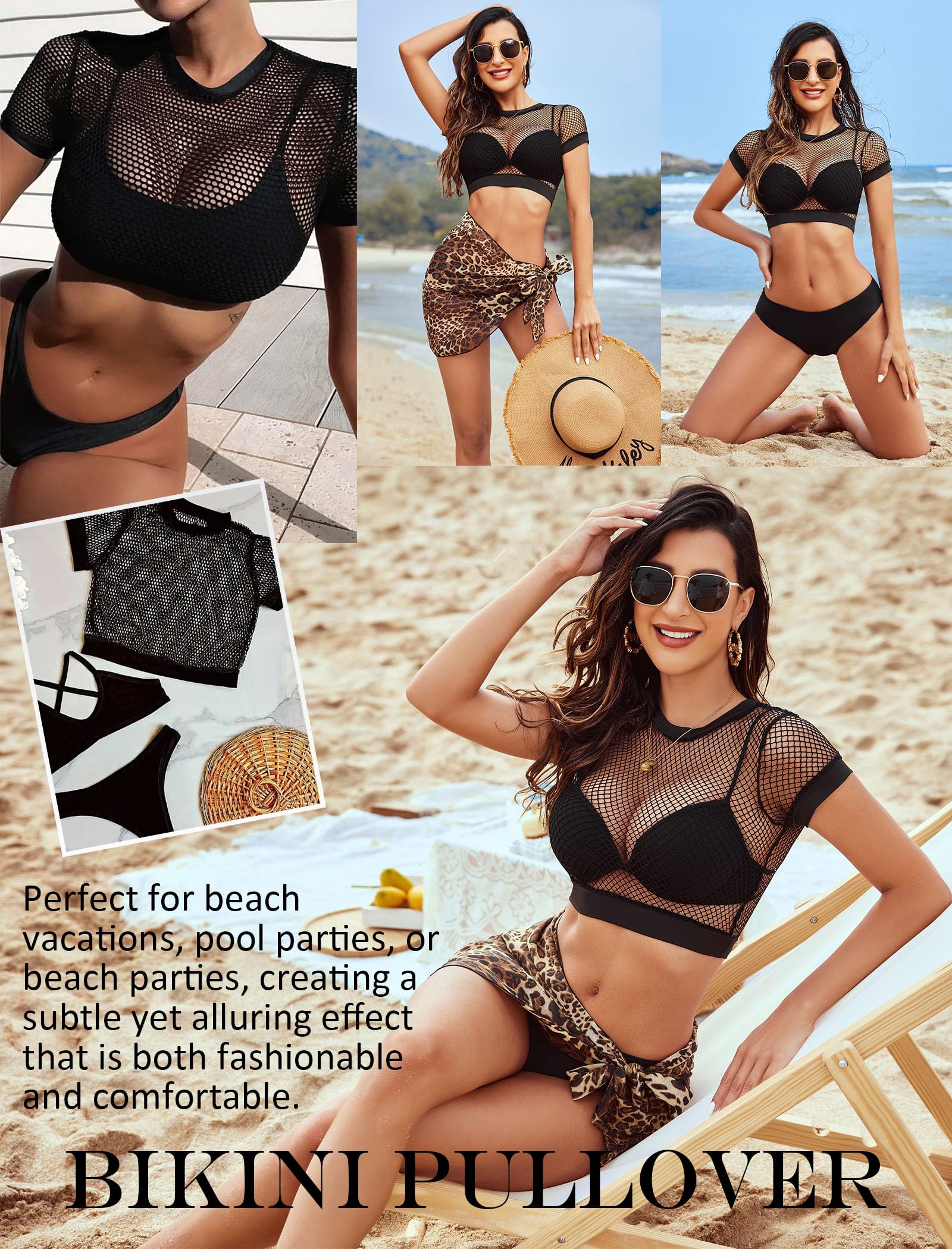 Avidlove Fishnet Crop Top for Women Y2K Short Sleeve See Through Shirt O Neck Pullover Blouse: Short Sleeve Medium Black-short Sleeve
