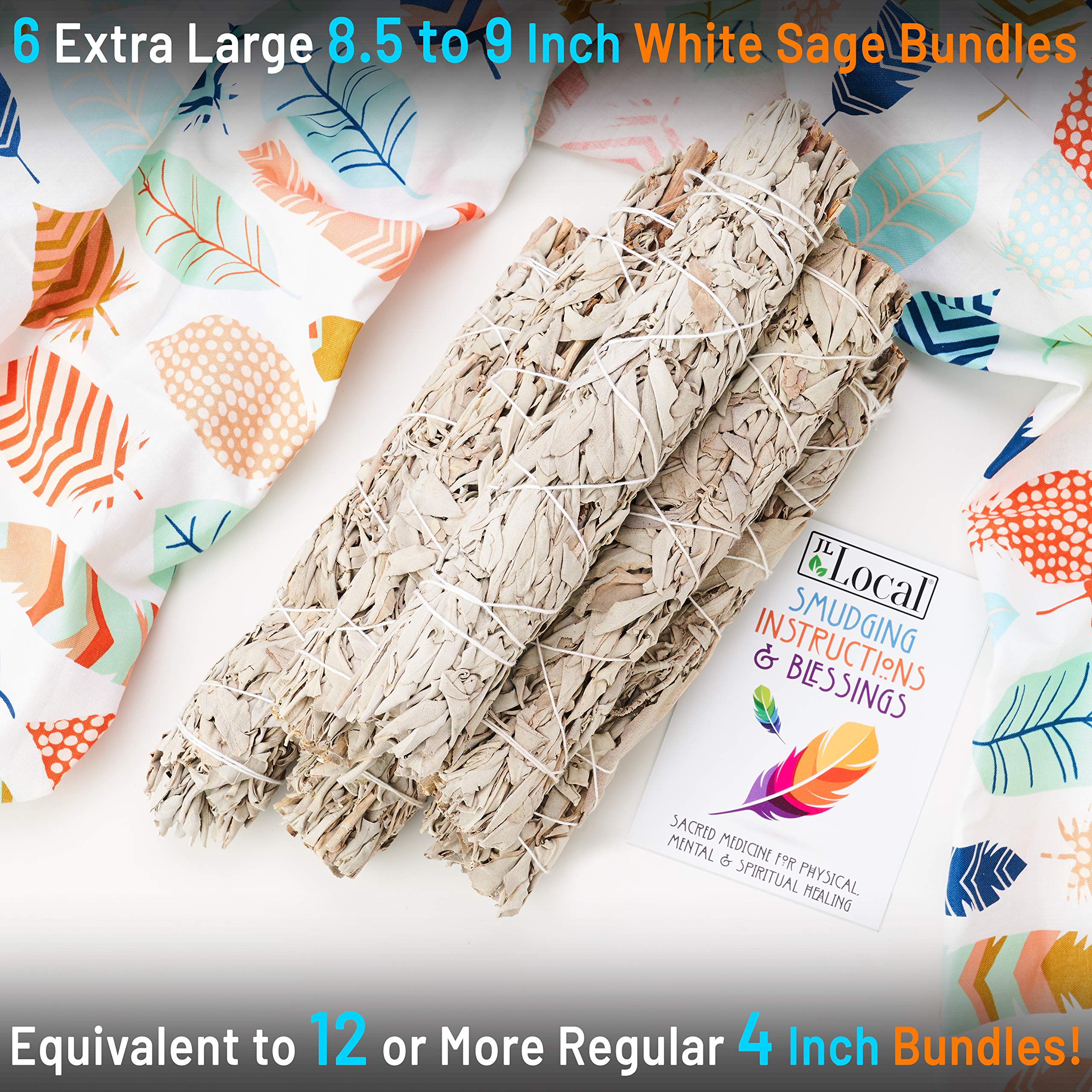 JL Local Wanderlust 9” White Sage Smudge Stick - Extra Large Smudging Wand Incense Stick for Cleansing, Purifying, Healing, Meditation, Yoga, Blessing (): 6 Pack