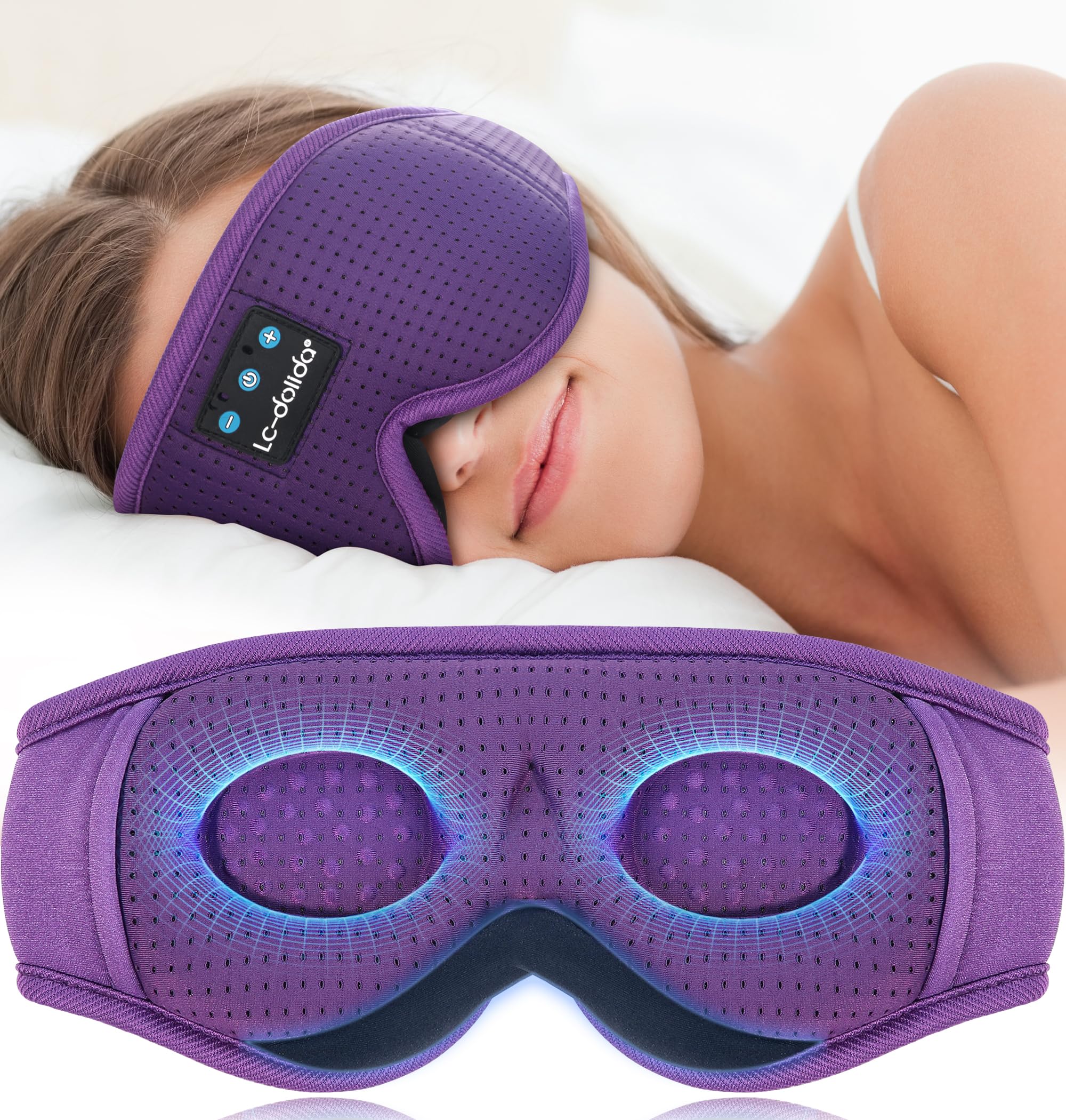 LC-dolida Sleep Headphones, 3D Sleep Mask Bluetooth Wireless Music Eye Mask, Sleeping Headphones for Side Sleepers Sleep Mask with Bluetooth Headphones Ultra-Thin Stereo Speakers Perfect for Sleeping