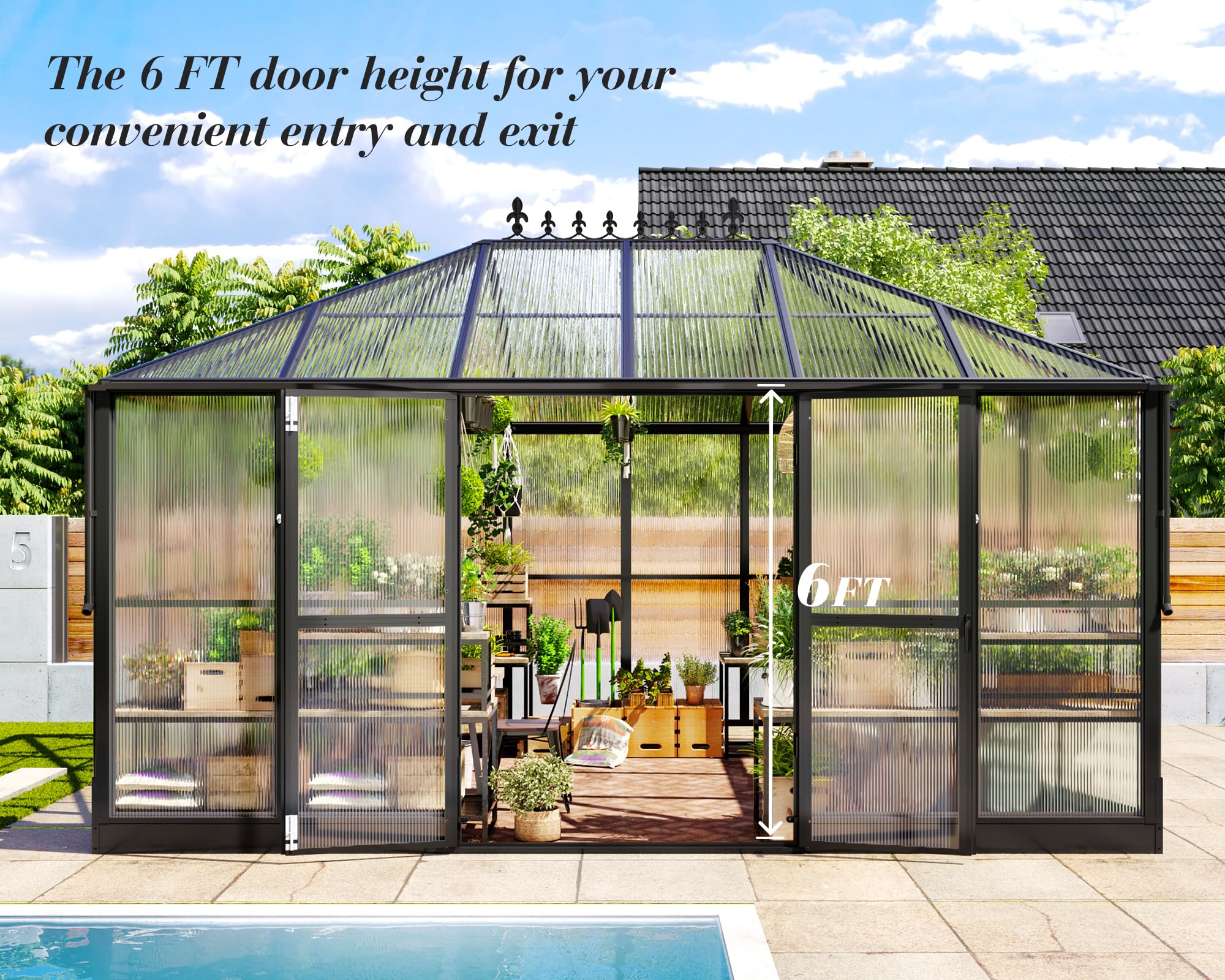 Jocisland 16x12x9.5 FT Polycarbonate Greenhouse- 6 FT Wall Height Outdoor Aluminum Greenhouses with 2 Ventilation and Rain Gutter, Double Doors with Hook, Walk-in Greenhouse for Backyard Garden: 6mm PC Panels 14x9.5x9 FT