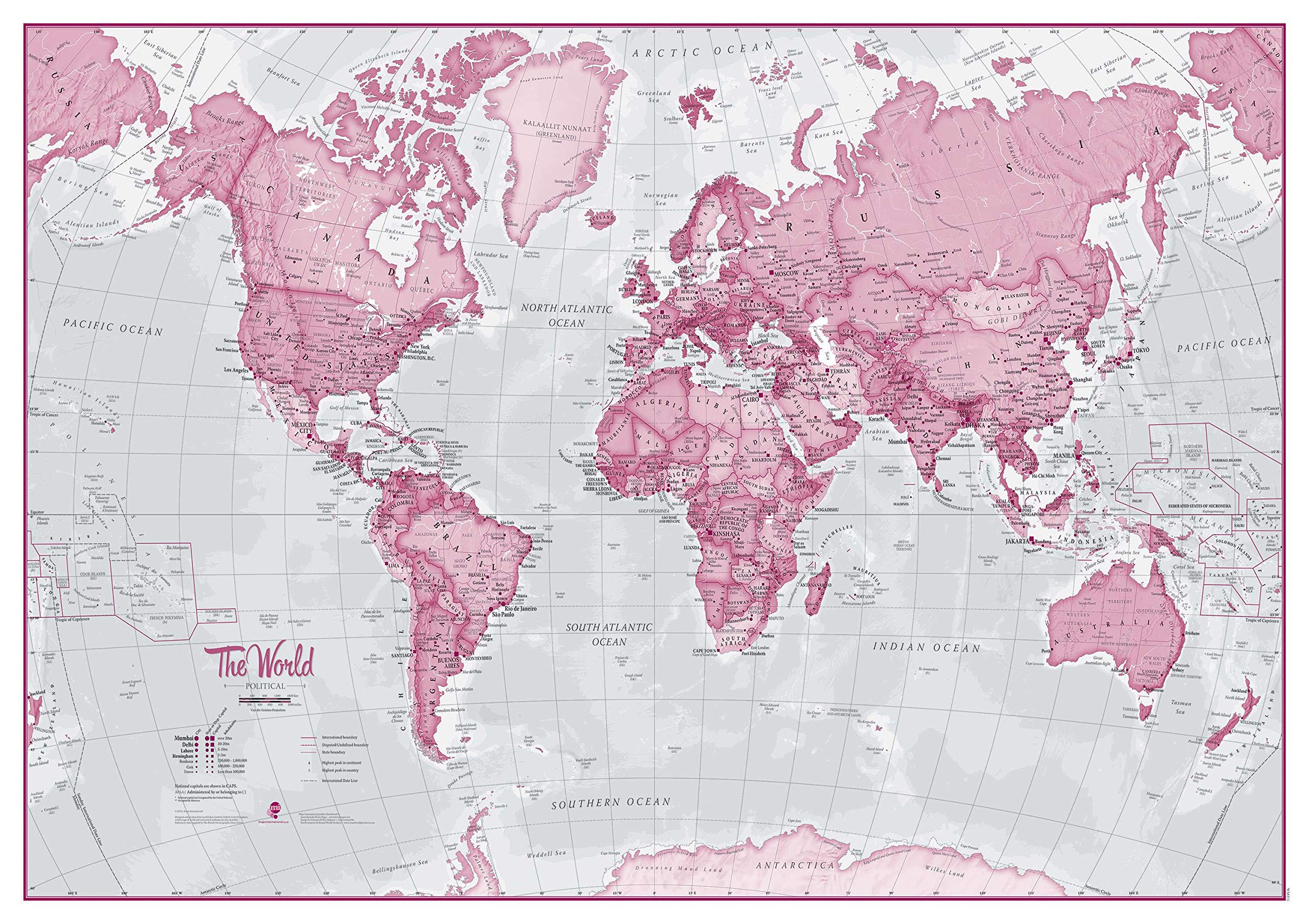 Maps International Medium The World is Art Wall Map - Pink - Paper - 24 x 36