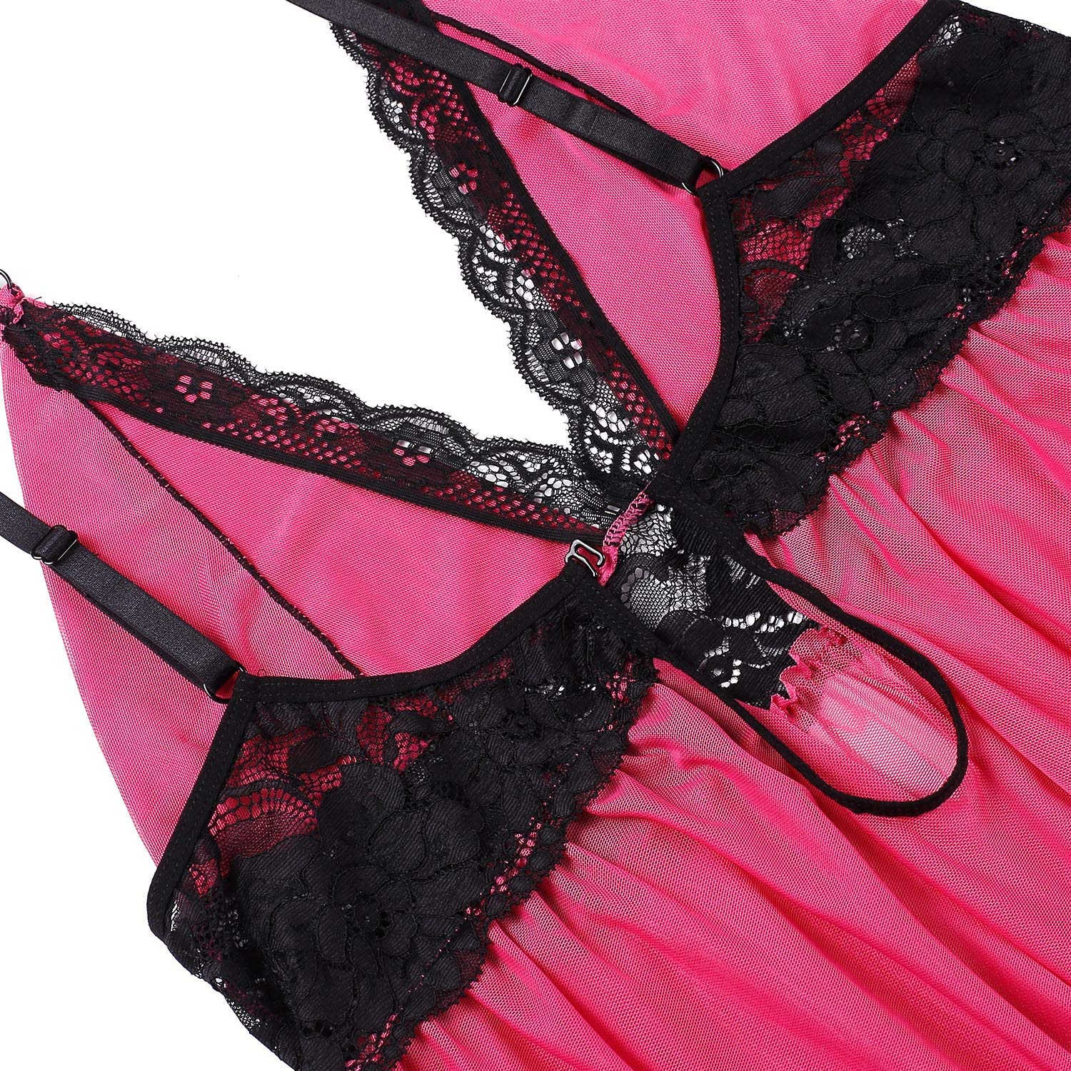 Donnalla Women Plus Size Lingerie 2 Piece Contrasting Lace Babydoll Lingerie Set V Neck Strap Chemise Sleepwear: Medium Pink
