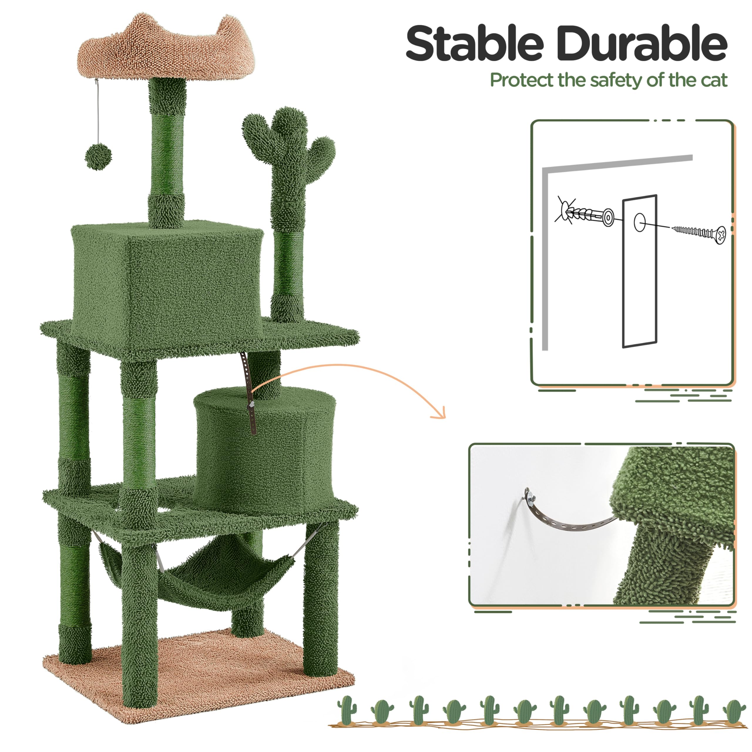 Yaheetech Cactus Cat Tree for Indoor Cats, 62in Cat Tower with Scratching Posts, Hammock & Dangling Ball, Multi-Level Condo Activity Center Furniture thumbnail 9