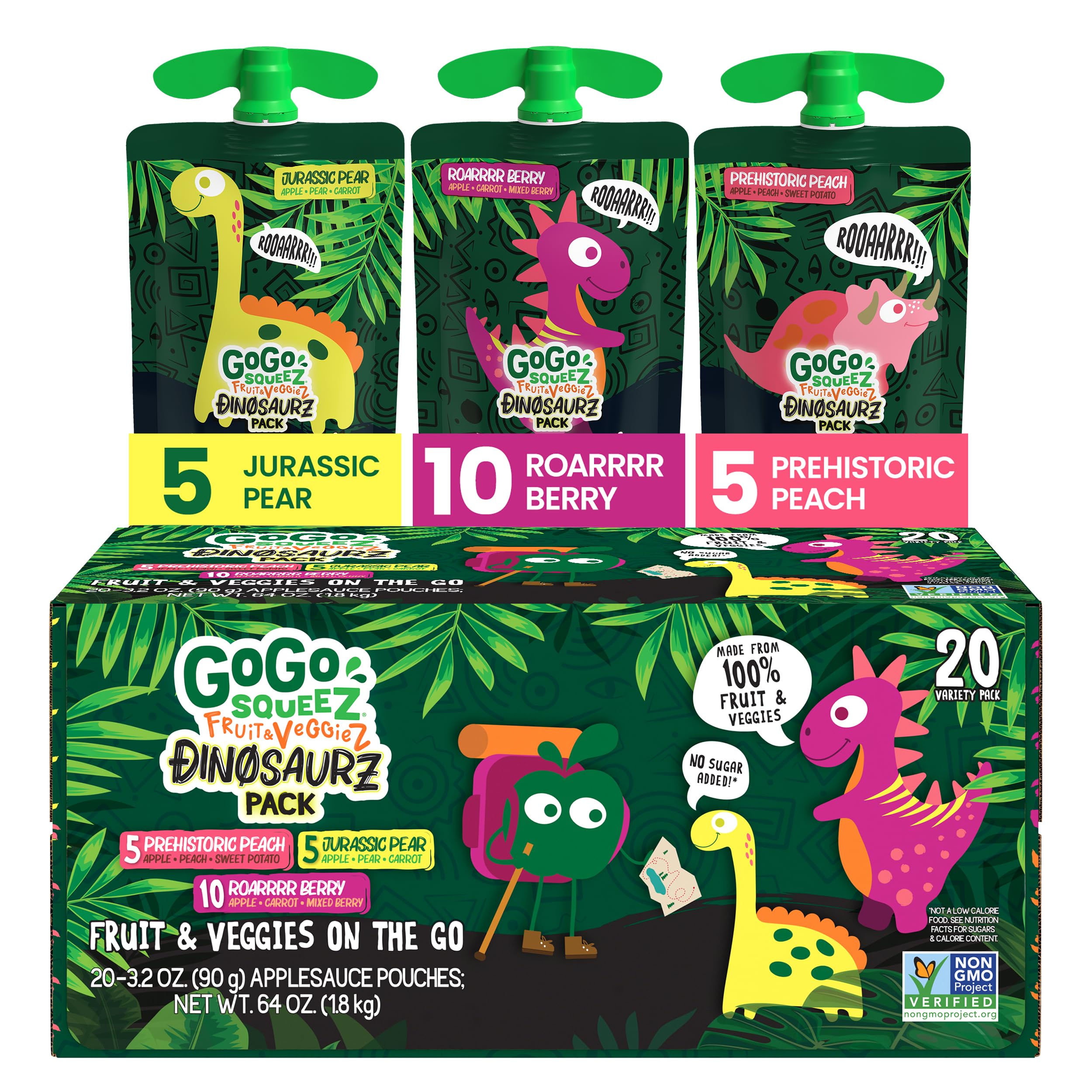 GoGo squeeZ Fruit & veggieZ Applesauce and Puree Variety Pack, Jurassic Pear, Roarrrr Berry & Prehistoric Peach, 3.2 oz (Pack of 20), Unsweetened Snacks for Kids, BPA Free Pouches: Dino Variety Pack