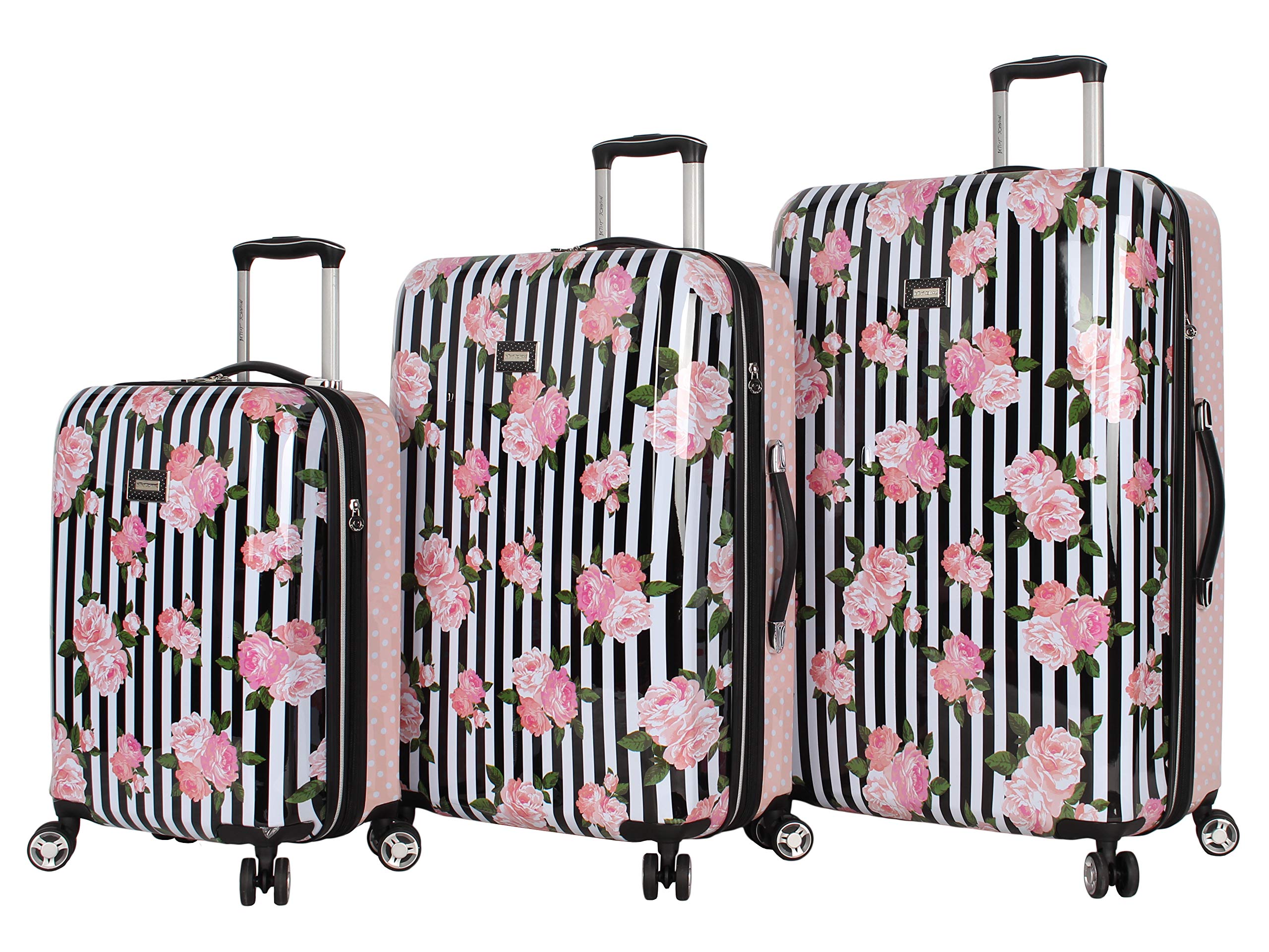 Betsey Johnson Designer Luggage Collection - Expandable 3 Piece Hardside Lightweight Spinner Suitcase Set (): Stripe Roses
