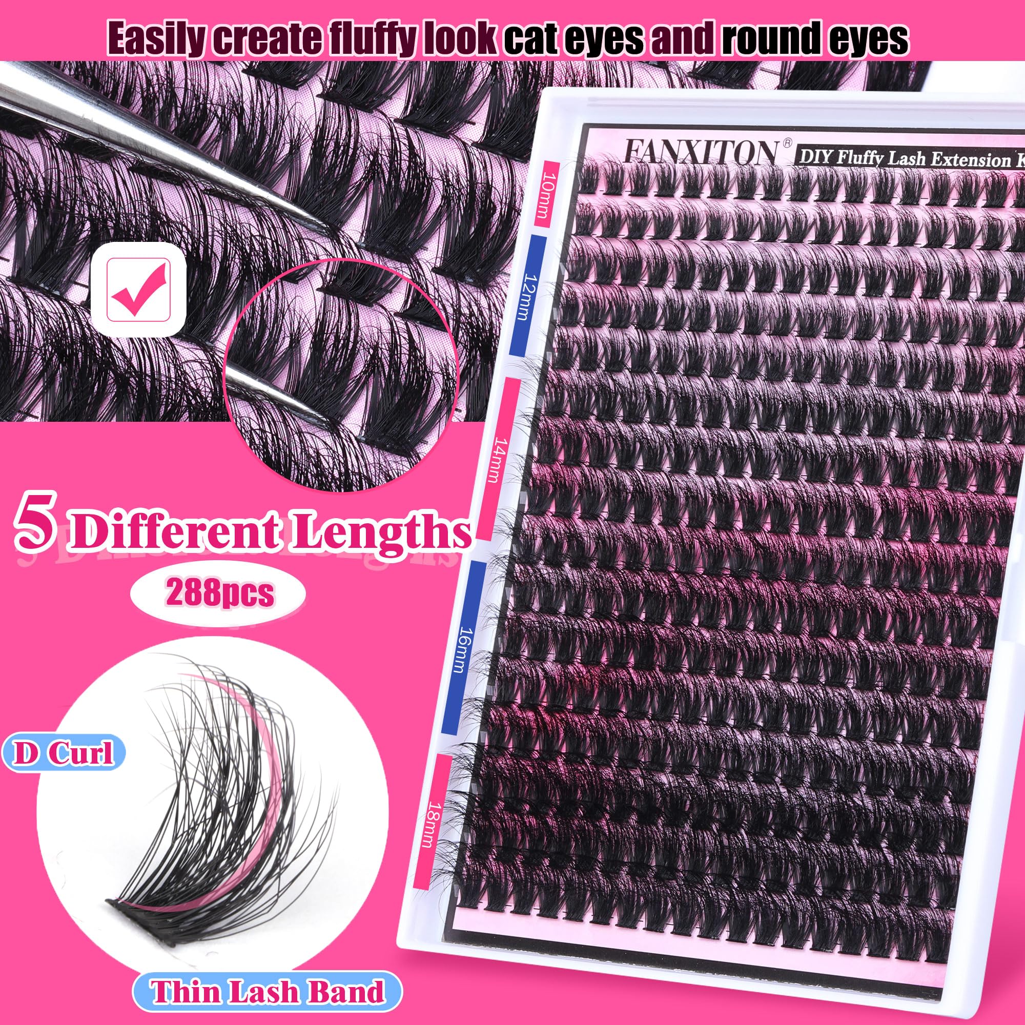 FANXITON DIY Lash Extension Kit Volume Lash Clusters 40D+50D D Curvature Individual Lashes Lash Clusters Kit Thick Eyelash Extension Kit 280 pcs Thin Band Cluster Lashes Lash Bond and Seal Tweezers: (HZ 01)DIY Lash Extension Kit-288pcs