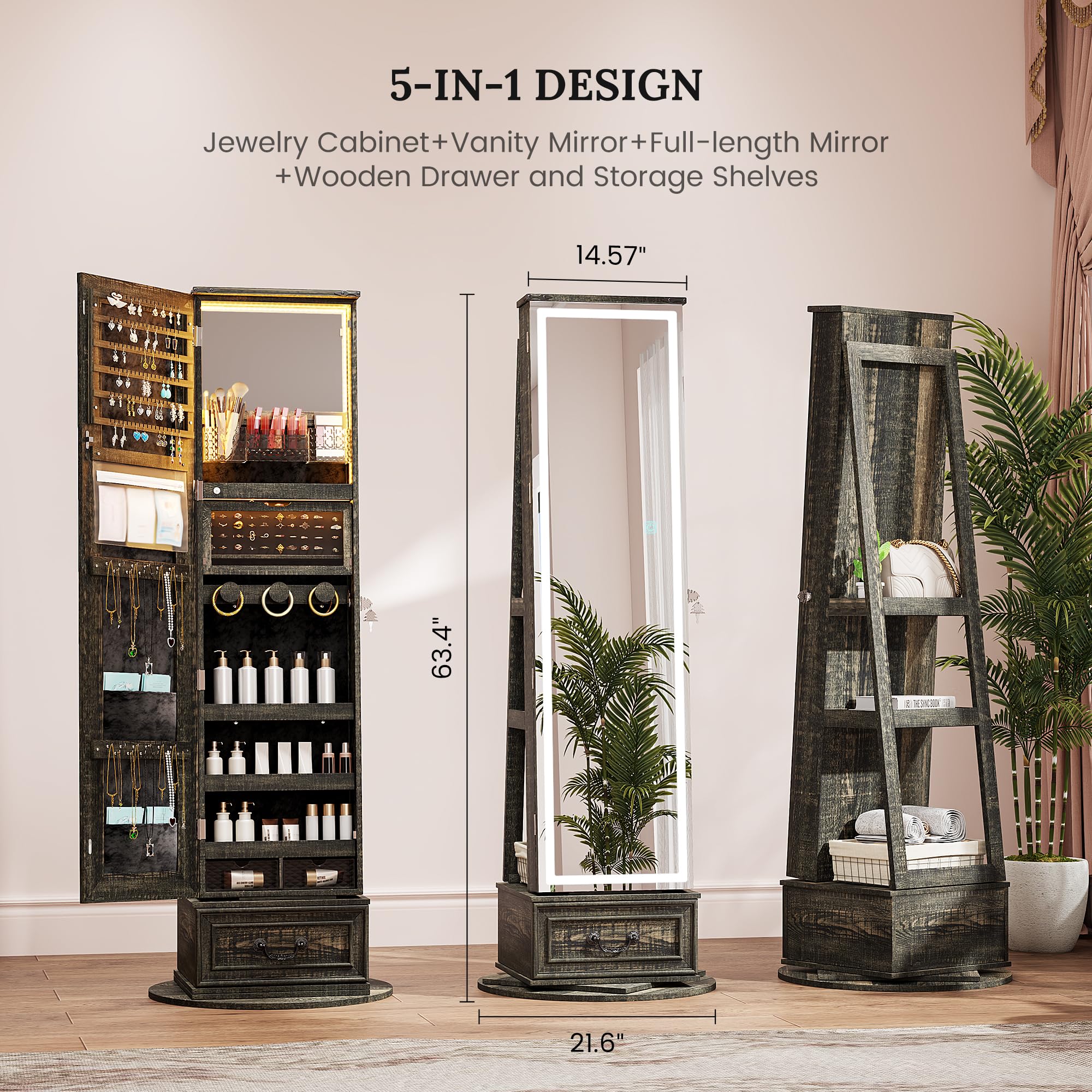 LVSOMT LED Mirror Jewelry Cabinet Standing, 360°Swivel Jewelry Armoire with Full Length Mirror, Mirror with Jewelry Storage and Large Wooden Drawer for Christmas Gifts (): Rustic Grey