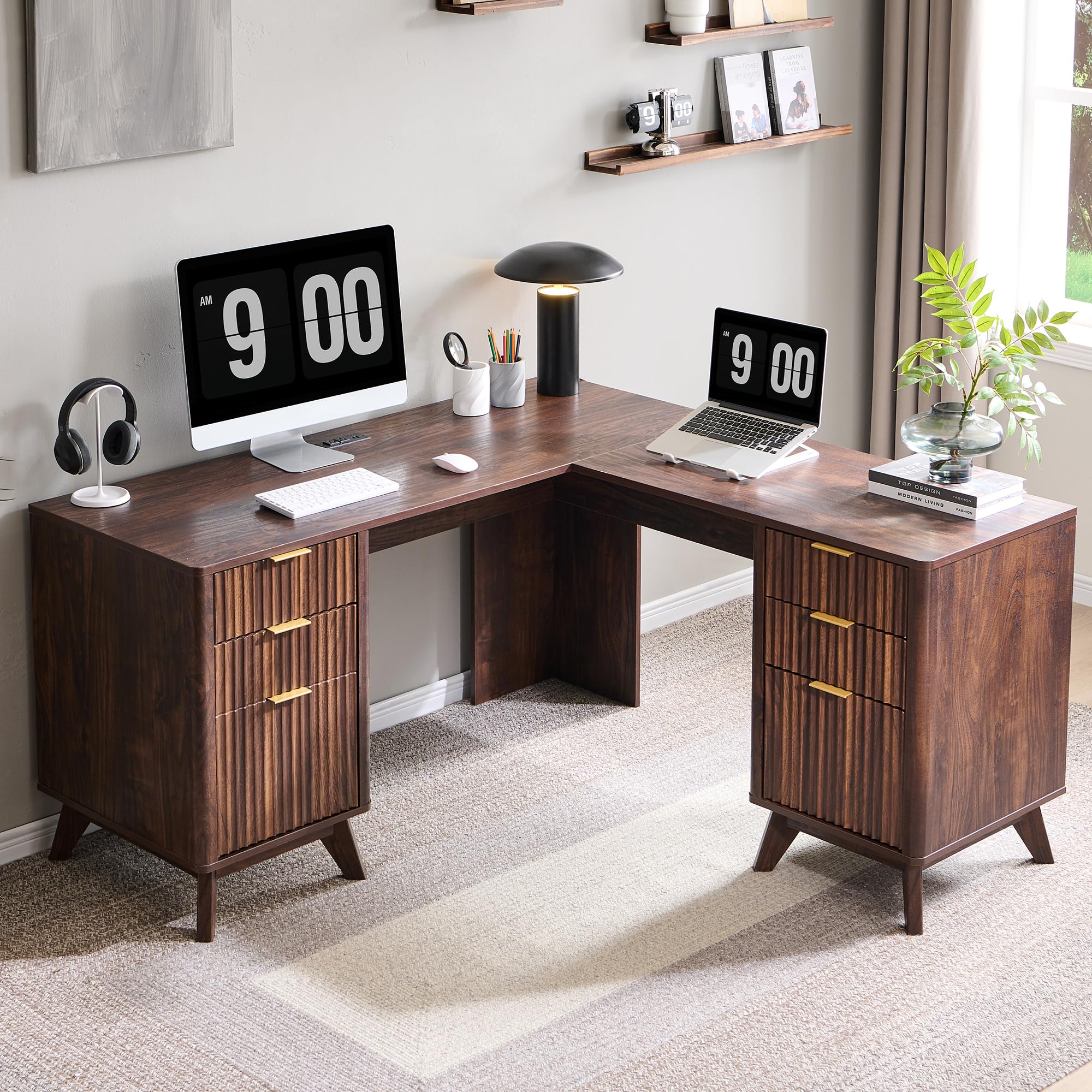 T4TREAM 60'' Fluted Executive L Shaped Desk, Modern Home Office Desk with Charging Station and File Drawer, Computer Corner Desks with Drawers & Storage Cabinet for Office Home, Bedroom, Natural Oak