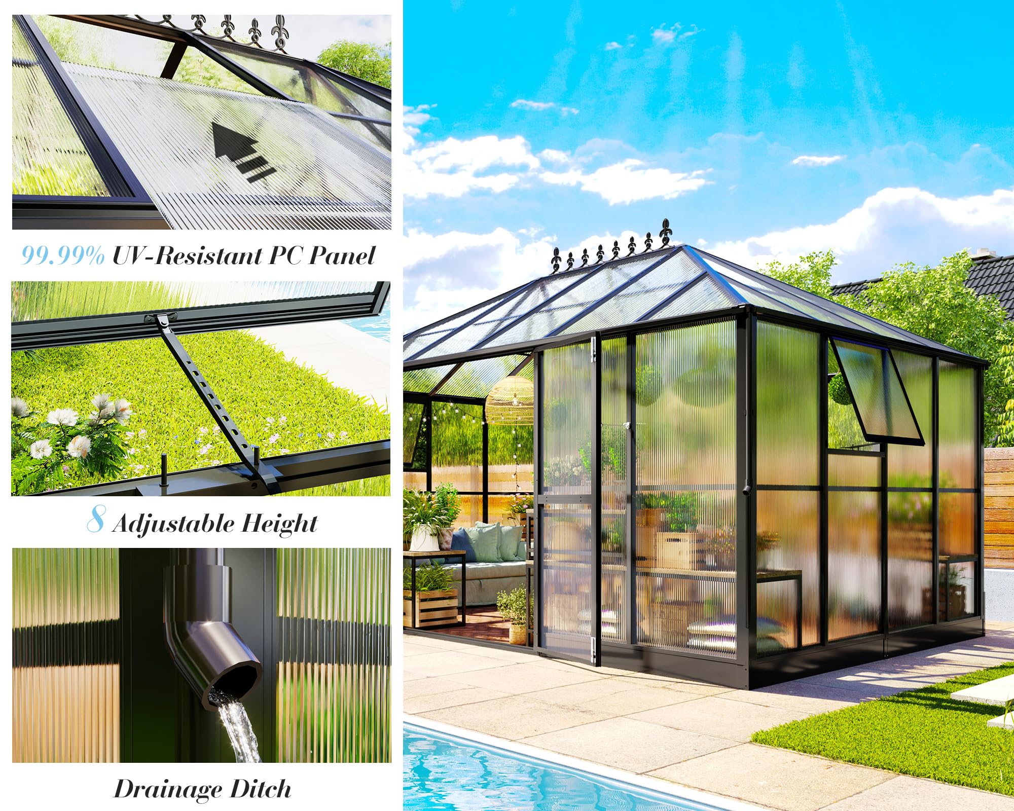 Jocisland 16x12x9.5 FT Polycarbonate Greenhouse- 6 FT Wall Height Outdoor Aluminum Greenhouses with 2 Ventilation and Rain Gutter, Double Doors with Hook, Walk-in Greenhouse for Backyard Garden: 6mm PC Panels 14x9.5x9 FT
