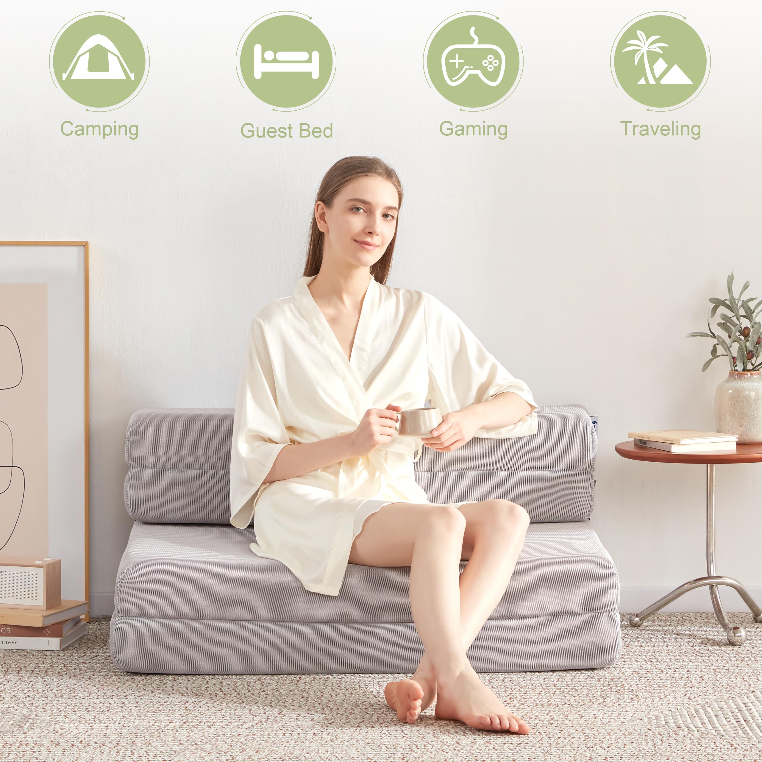 Lazyzizi Folding Sofa Bed Foldable Futon Couch Bed 4Inch Sleeper Floor Sofa for Adults, Camper, Guest, with Headrest, Breathable & Washable Cover (Full)