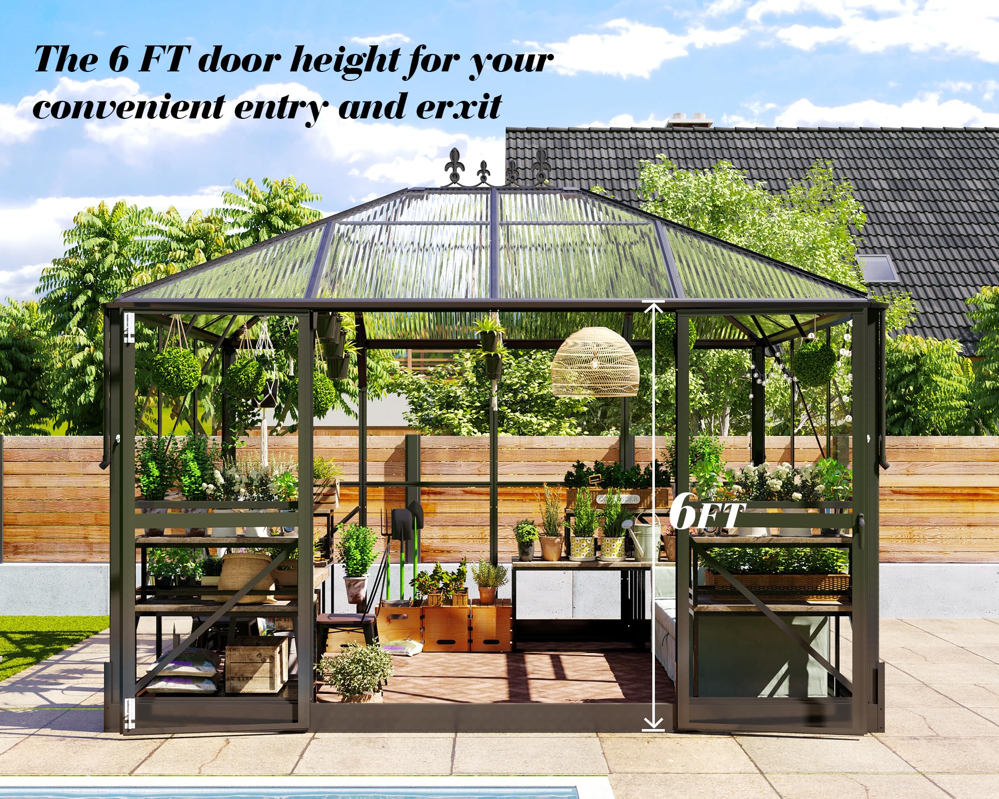 Jocisland 16x12x9.5 FT Polycarbonate Greenhouse- 6 FT Wall Height Outdoor Aluminum Greenhouses with 2 Ventilation and Rain Gutter, Double Doors with Hook, Walk-in Greenhouse for Backyard Garden: Jocisland 11x8.3x8.6 FT Polycarbonate Greenhouse with Clear Panels- 6 FT Wall Height Outdoor Aluminum Greenhouses with 2 Vents, Double Doors with Hook, Walk-in Greenhouse for Backyard Garden