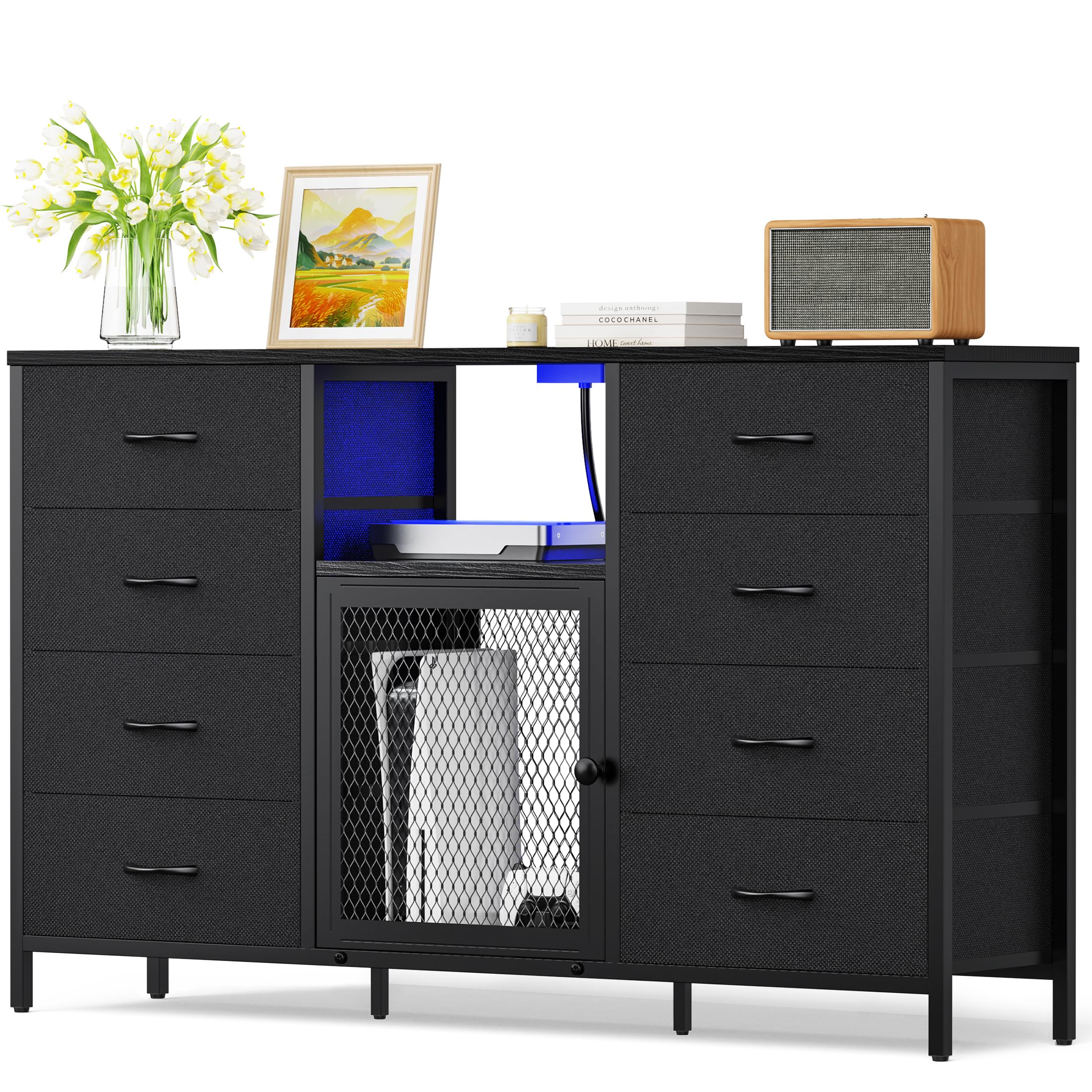 Decofy Dresser for Bedroom with LED Lights and Power Outlets, 8 Drawers TV Stand Dresser for 65 Inch TV, Fabric Chest of Drawers with Open Shelves,  Dressers for Bedroom, Closet: Black