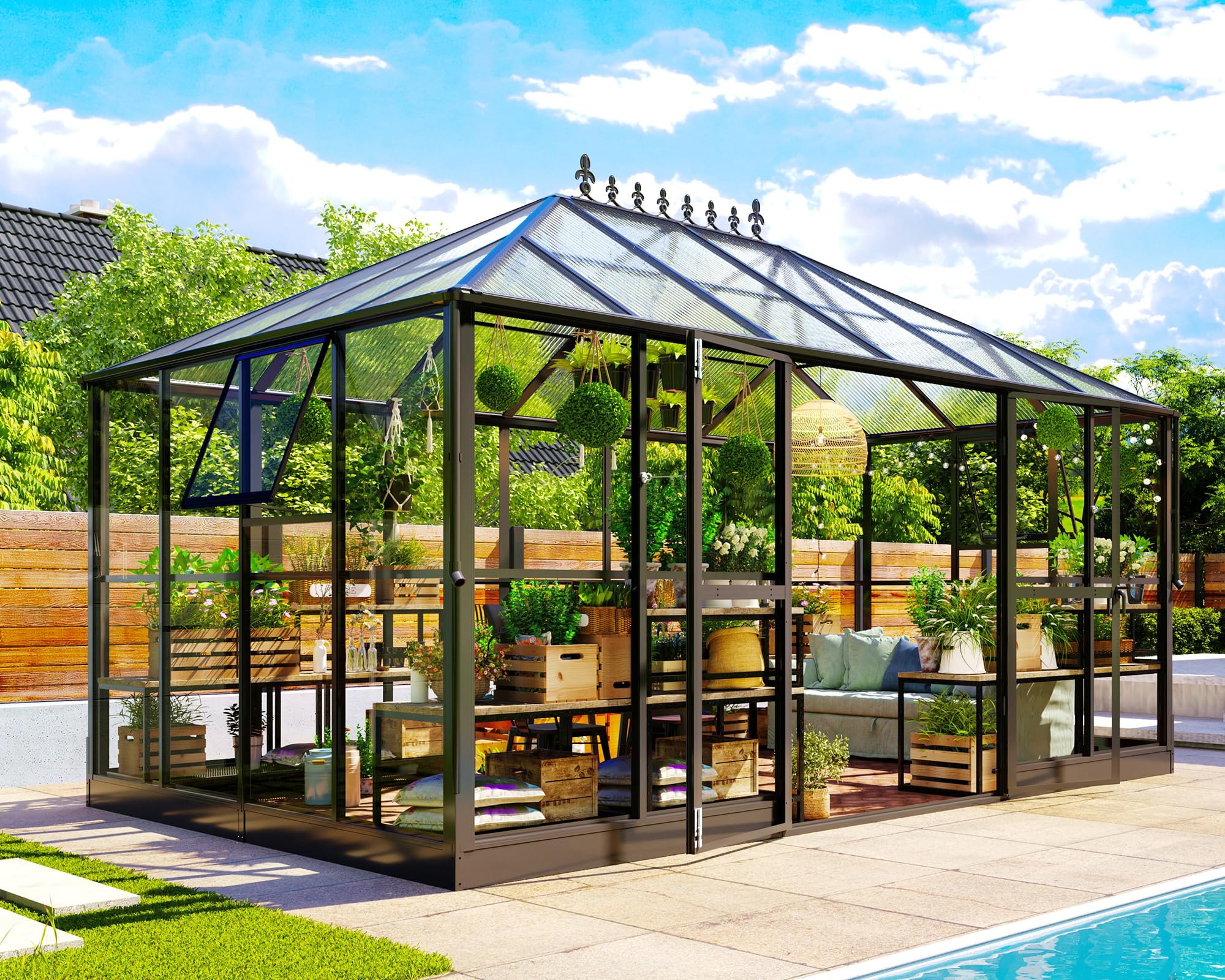Jocisland 16x12x9.5 FT Polycarbonate Greenhouse- 6 FT Wall Height Outdoor Aluminum Greenhouses with 2 Ventilation and Rain Gutter, Double Doors with Hook, Walk-in Greenhouse for Backyard Garden: Unbroken Clear PC Panels+6mm PC Panels 14x9.5x9 FT
