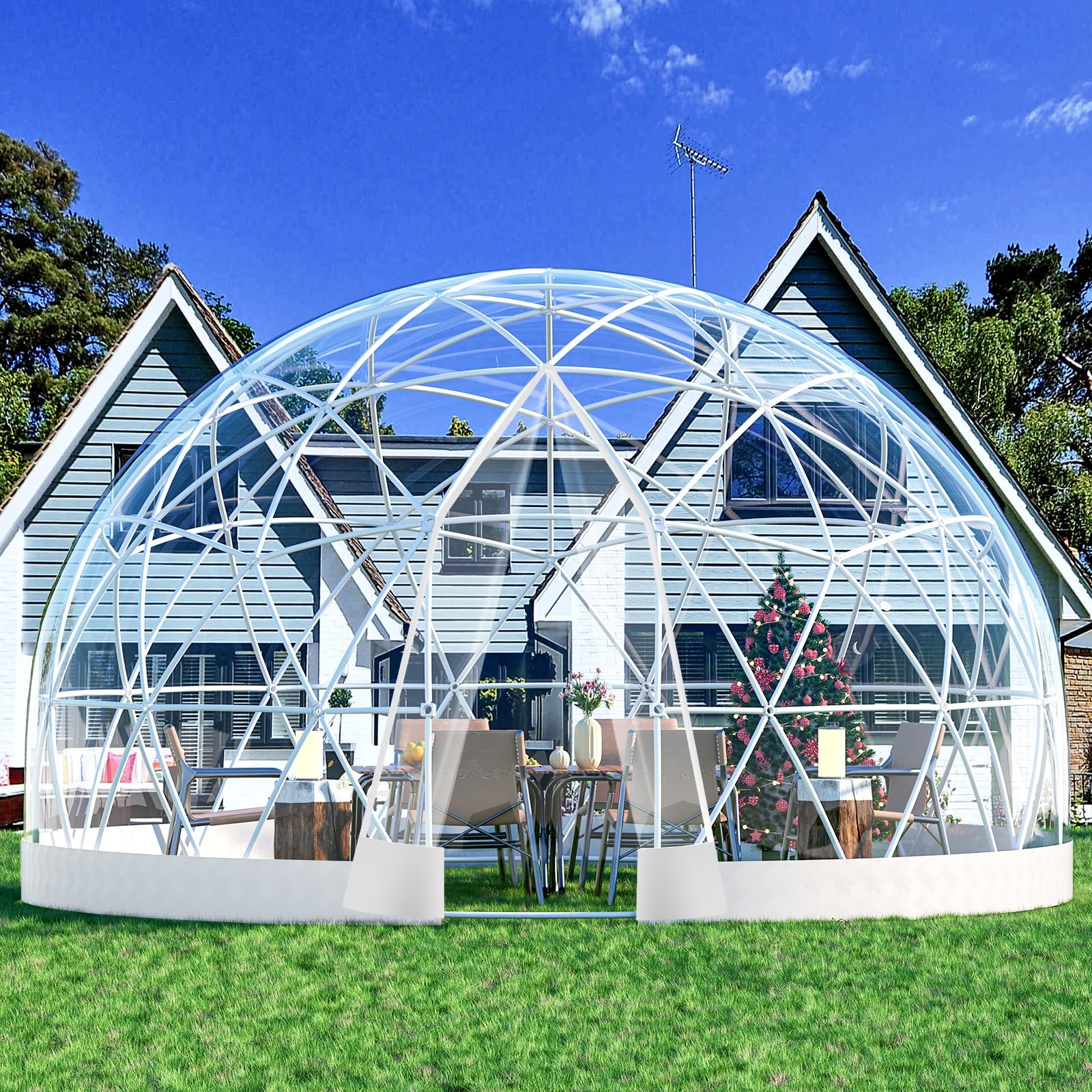 12FT Garden Dome lgloo, Geodesic Dome Greenhouse with PVC Clear Cover, Waterproof Garden Bubble Dome Tent House with 2 x 10M Light Strings for Outdoor, Patio, Backyard, Party (White, 12FT/3.6M): White Edge 12FT/3.6M