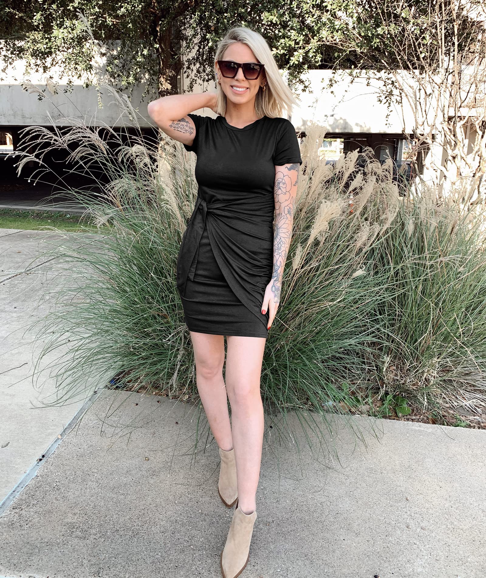 BTFBM Women 2025 Spring Casual Short Sleeve Ruched Bodycon Tank T Shirt Dress Tie Waist Sun Beach Summer Mini Dresses