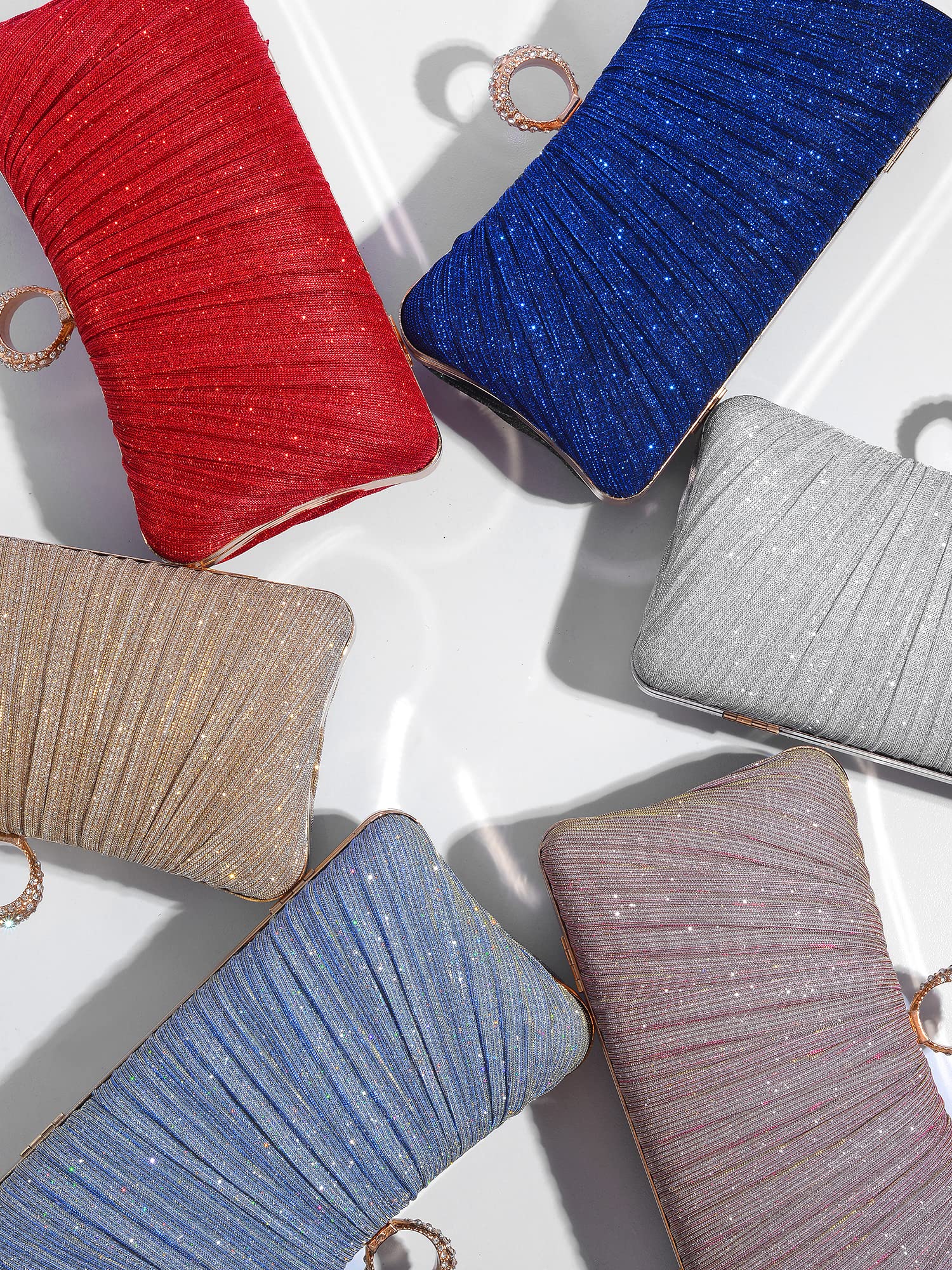 Womens en Glitter Clutch Purse Pleated Evening Bag for Bridal Wedding Party with Rhinestone Ring