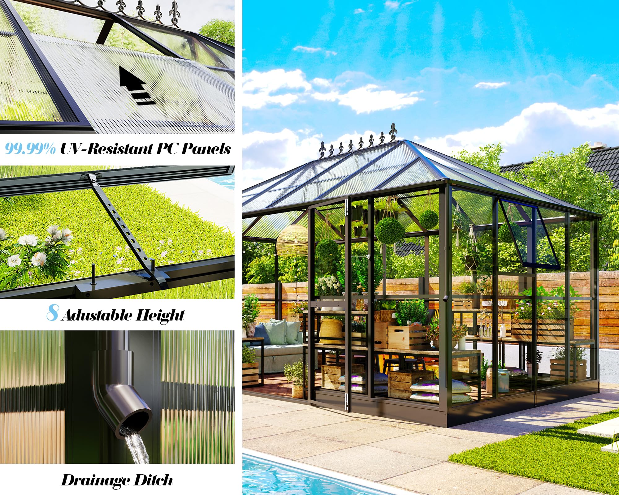 Jocisland 16x12x9.5 FT Polycarbonate Greenhouse- 6 FT Wall Height Outdoor Aluminum Greenhouses with 2 Ventilation and Rain Gutter, Double Doors with Hook, Walk-in Greenhouse for Backyard Garden: Unbroken Clear PC Panels+6mm PC Panels 14x9.5x9 FT