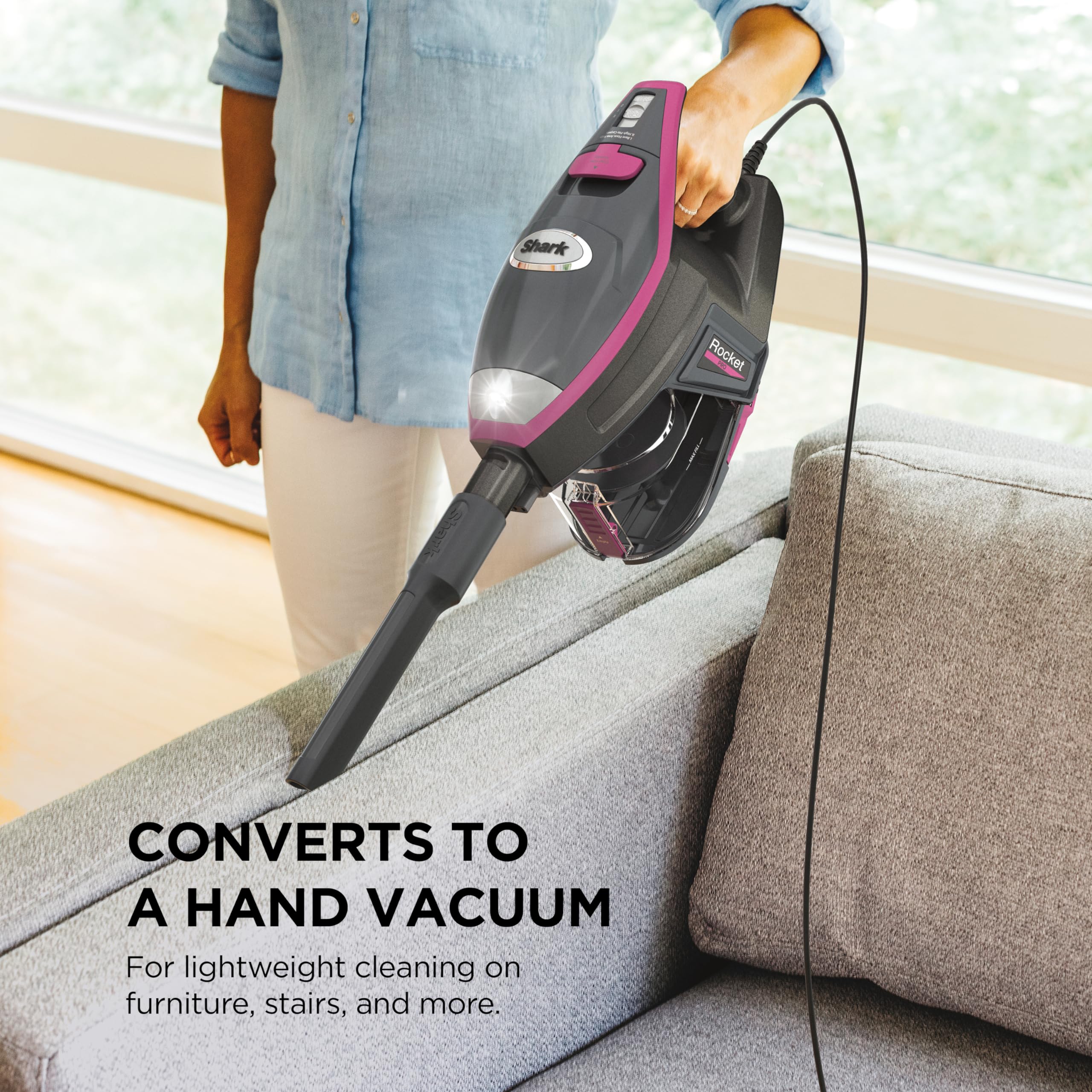 Shark HV371  DLX Corded Stick, Removable Hand Vacuum, Advanced Swivel Steering, XL Cup, Crevice Tool, Upholstery Tool & Anti-Allergen Dust Brush, Fuchsia, Capacity: Rocket Pro